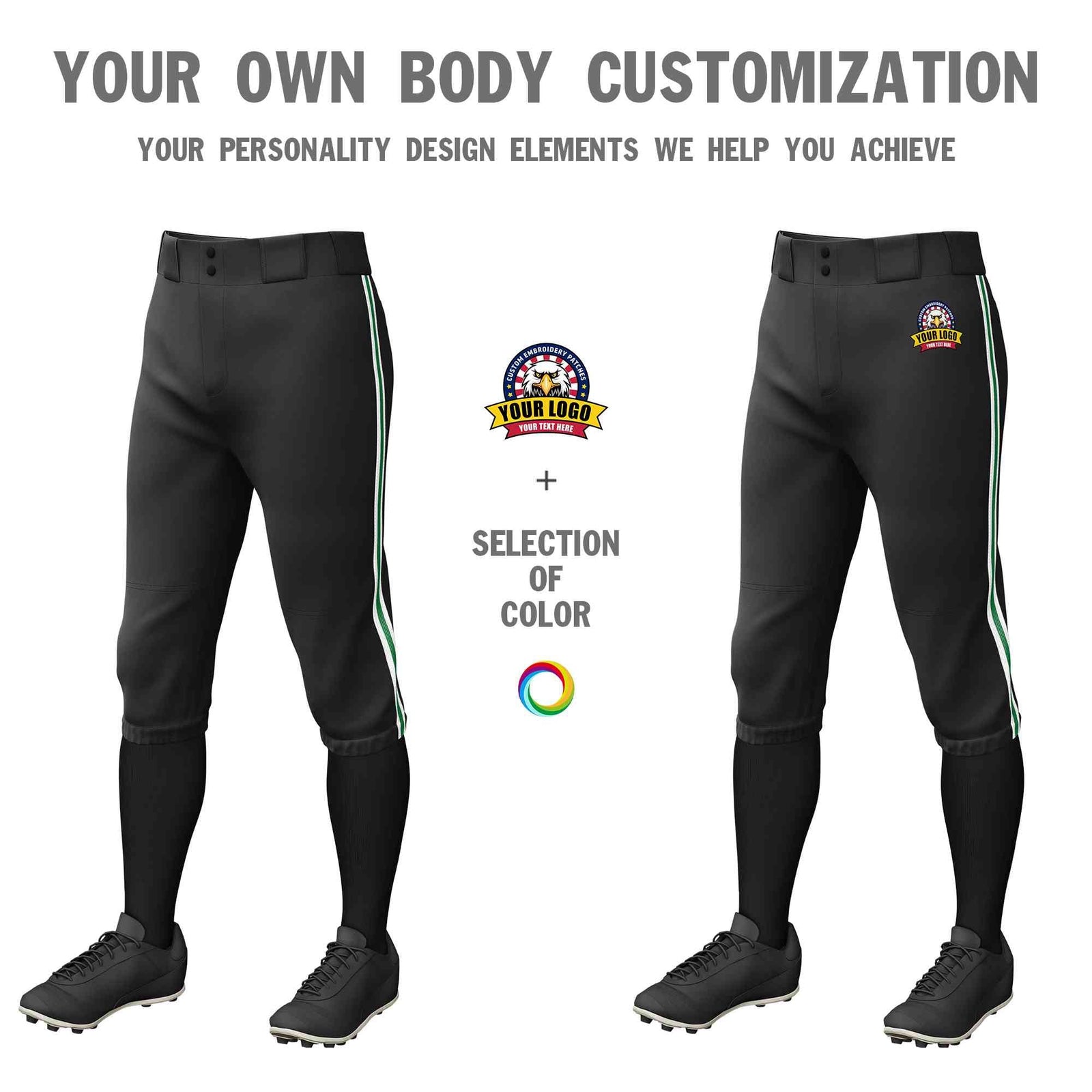 Custom Black White Kelly Green-White Classic Fit Stretch Practice Knickers Baseball Pants