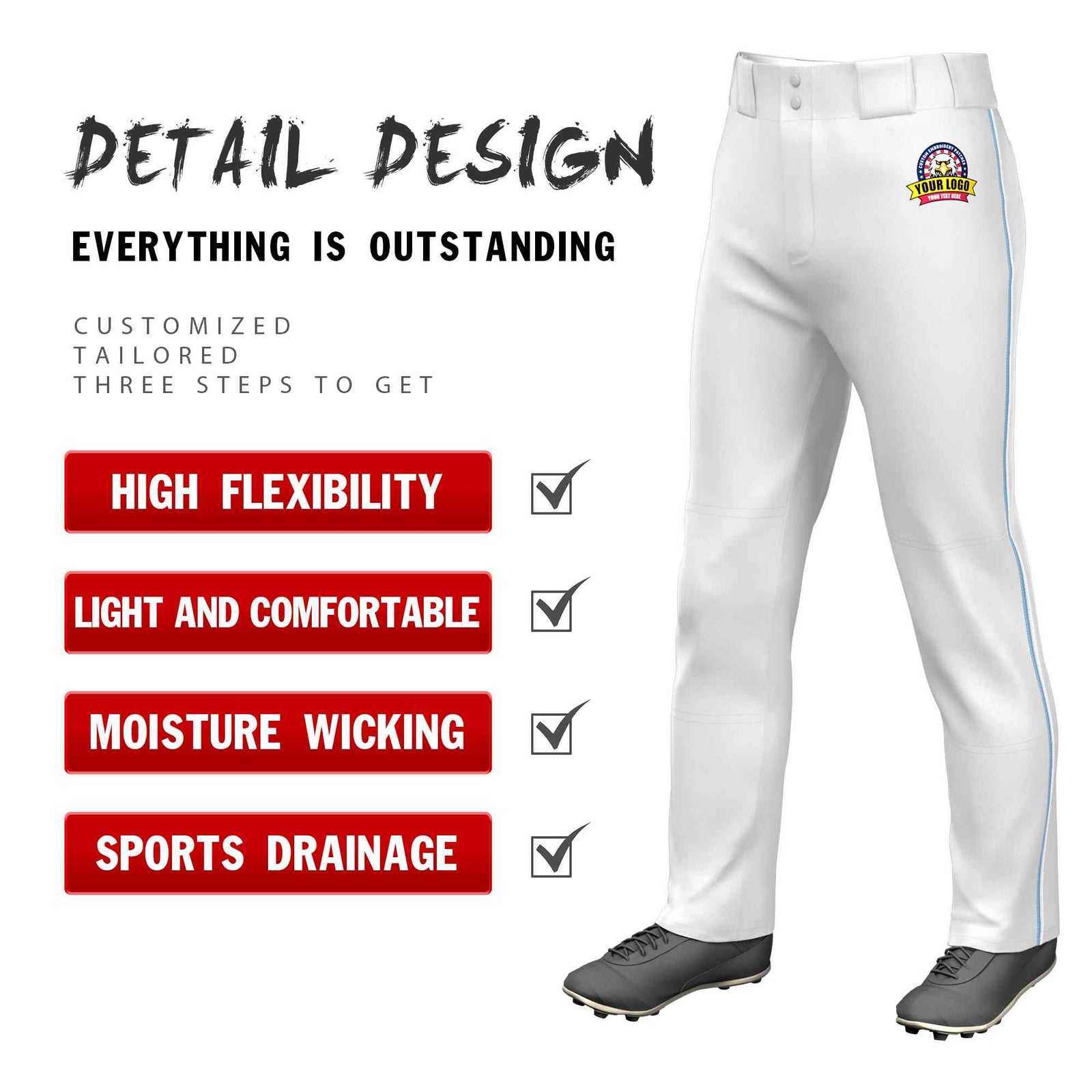 Custom White Light Blue-White Classic Fit Stretch Practice Loose-fit Baseball Pants