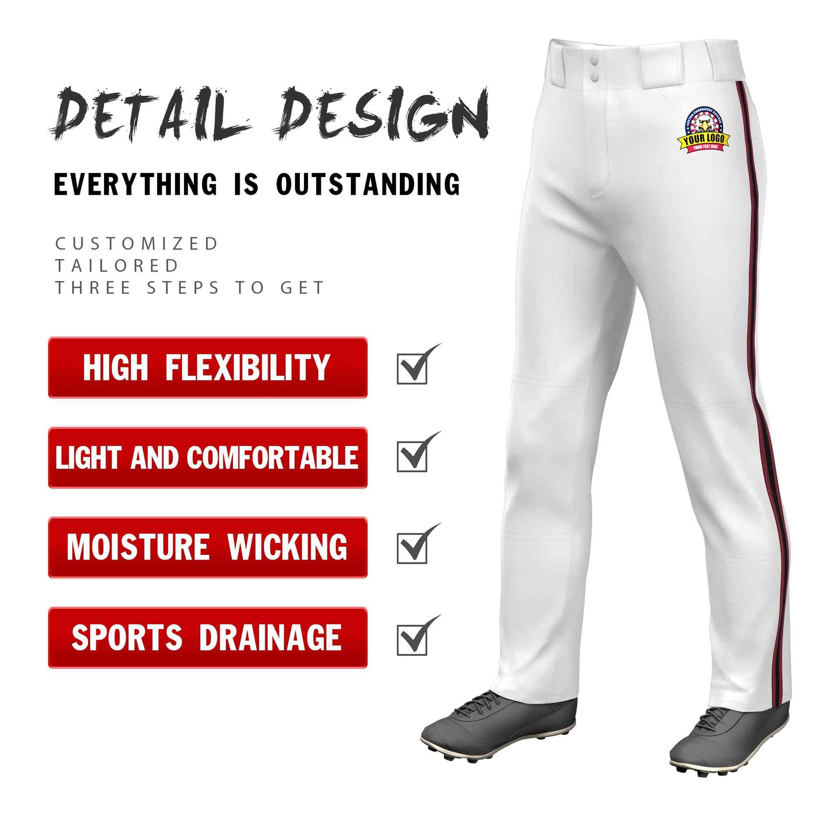 Custom White Crimson Black-Crimson Classic Fit Stretch Practice Loose-fit Baseball Pants
