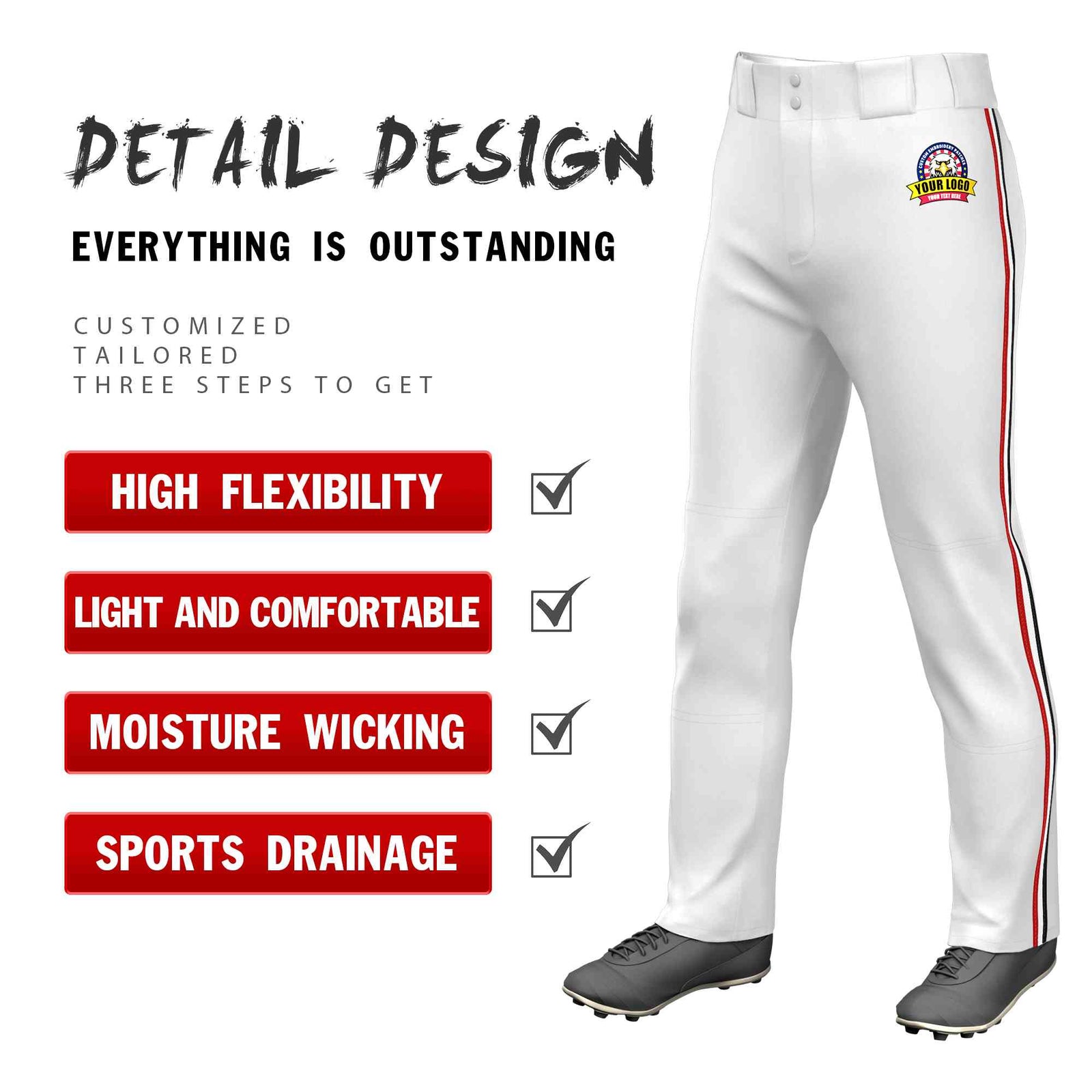 Custom White Red White-Black Classic Fit Stretch Practice Loose-fit Baseball Pants