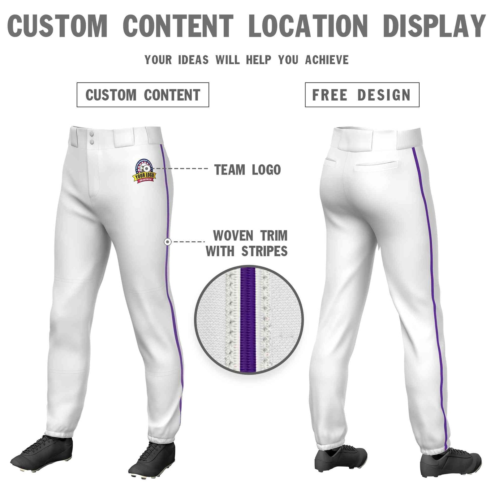 Custom White Purple Classic Fit Stretch Practice Pull-up Baseball Pants