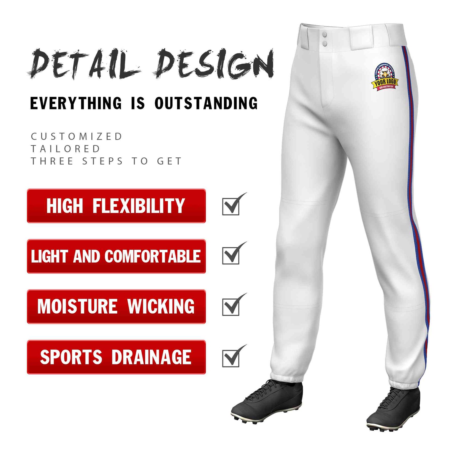 Custom White Royal Red-Royal Classic Fit Stretch Practice Pull-up Baseball Pants