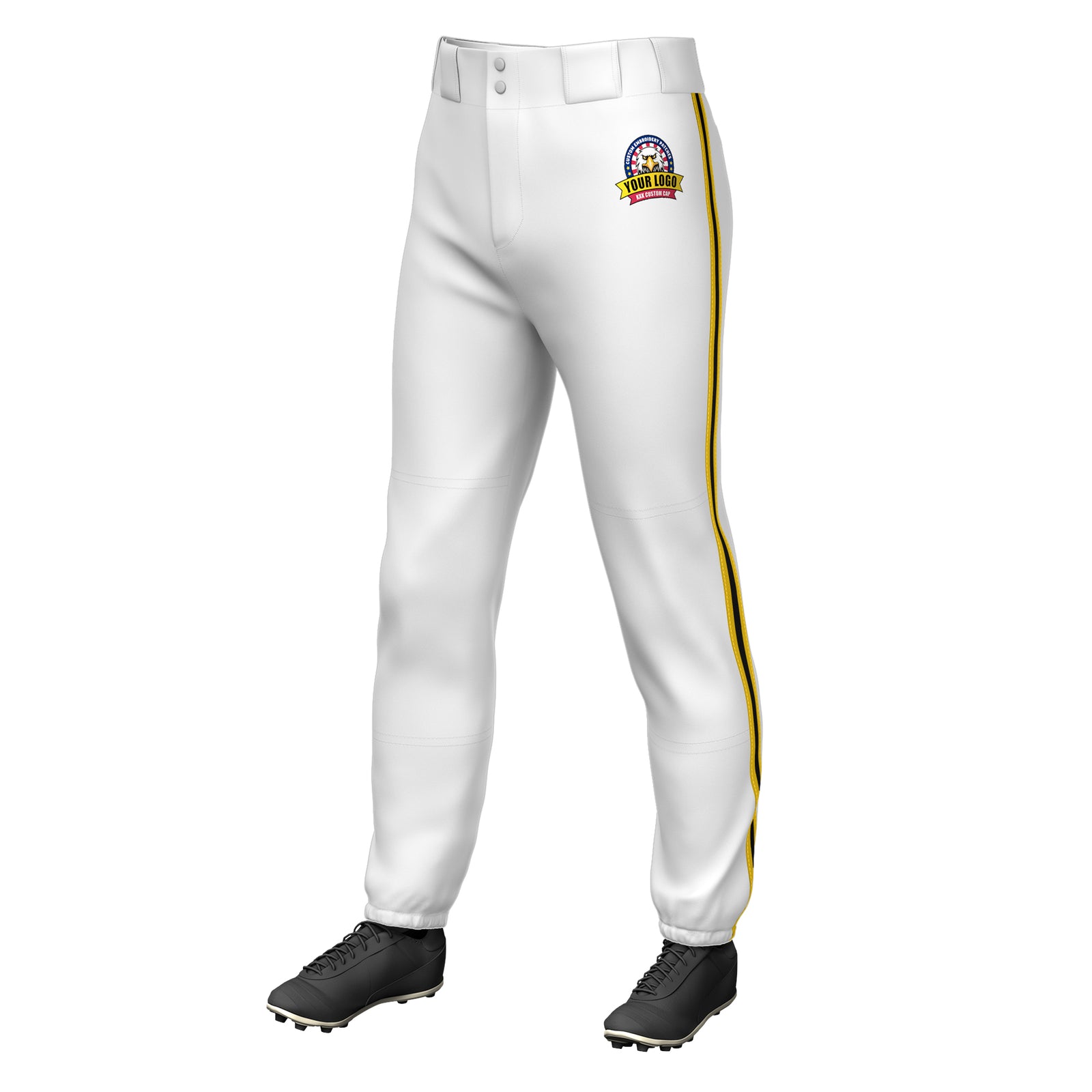 Custom White Gold Black-Gold Classic Fit Stretch Practice Pull-up Baseball Pants