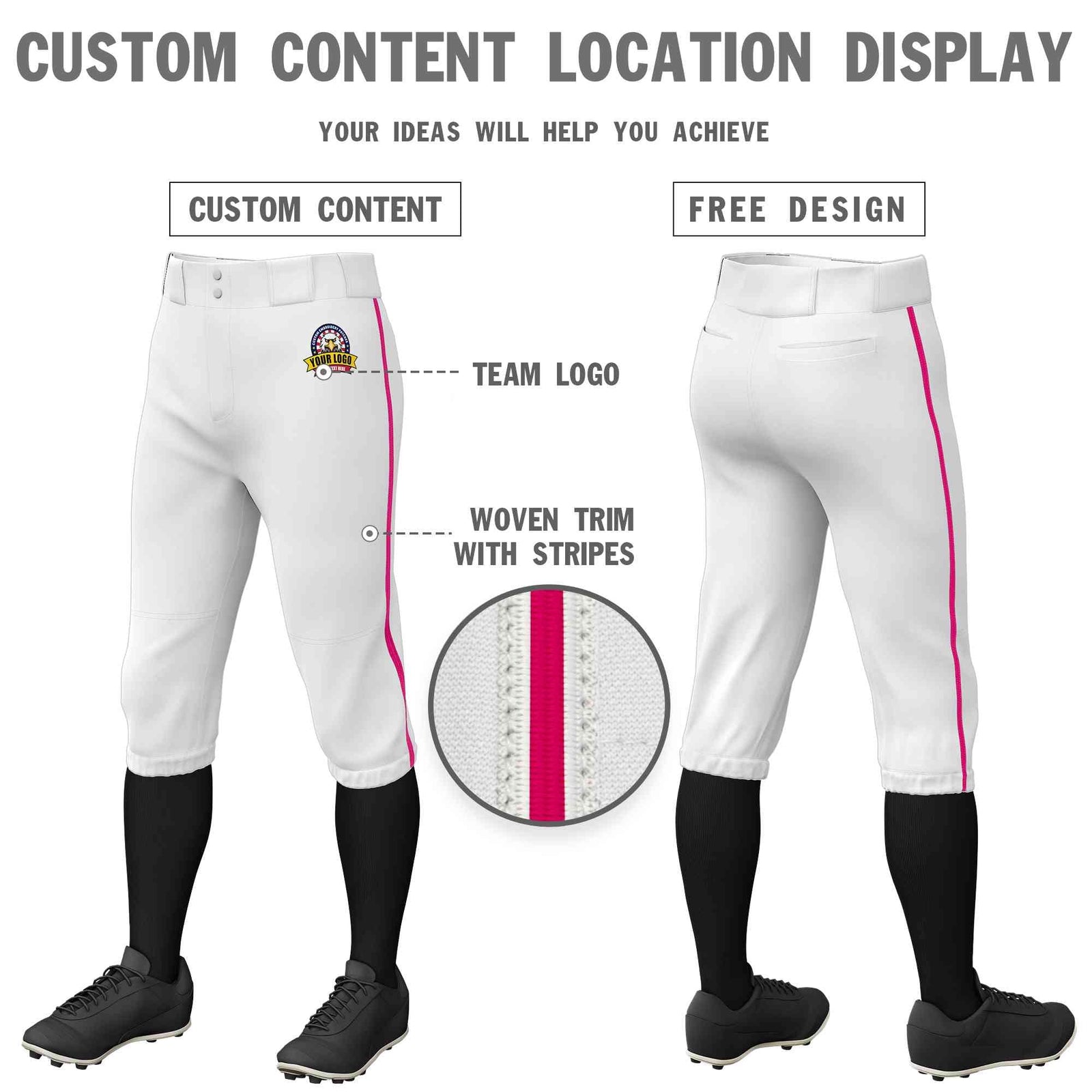 Custom White Pink Classic Fit Stretch Practice Knickers Baseball Pants