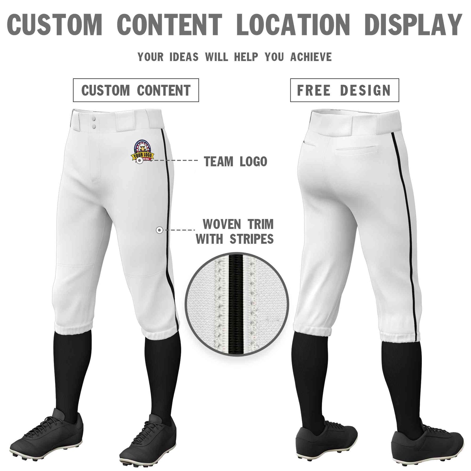 Custom White Black Classic Fit Stretch Practice Knickers Baseball Pants