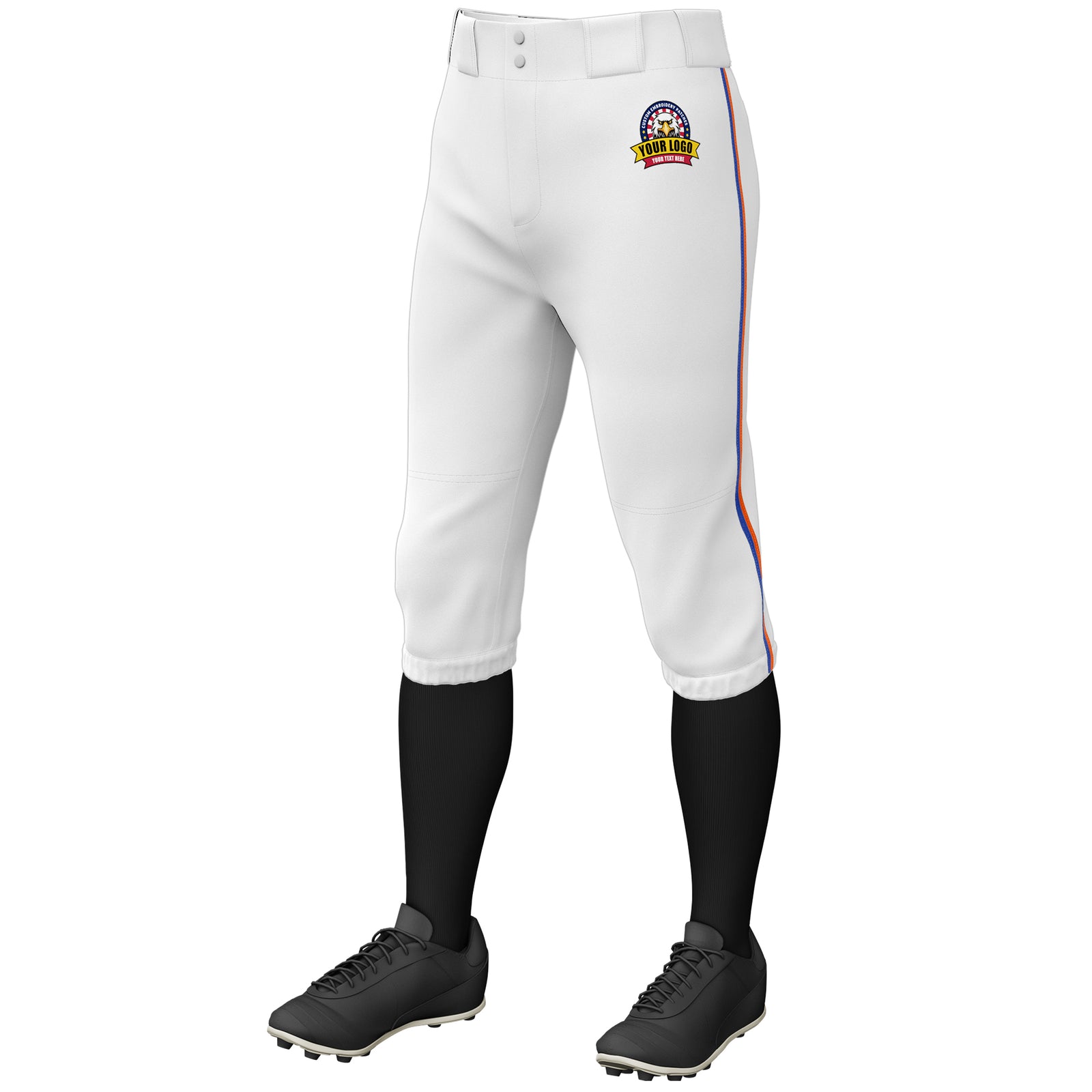Custom White Royal-Orange Classic Fit Stretch Practice Knickers Baseball Pants