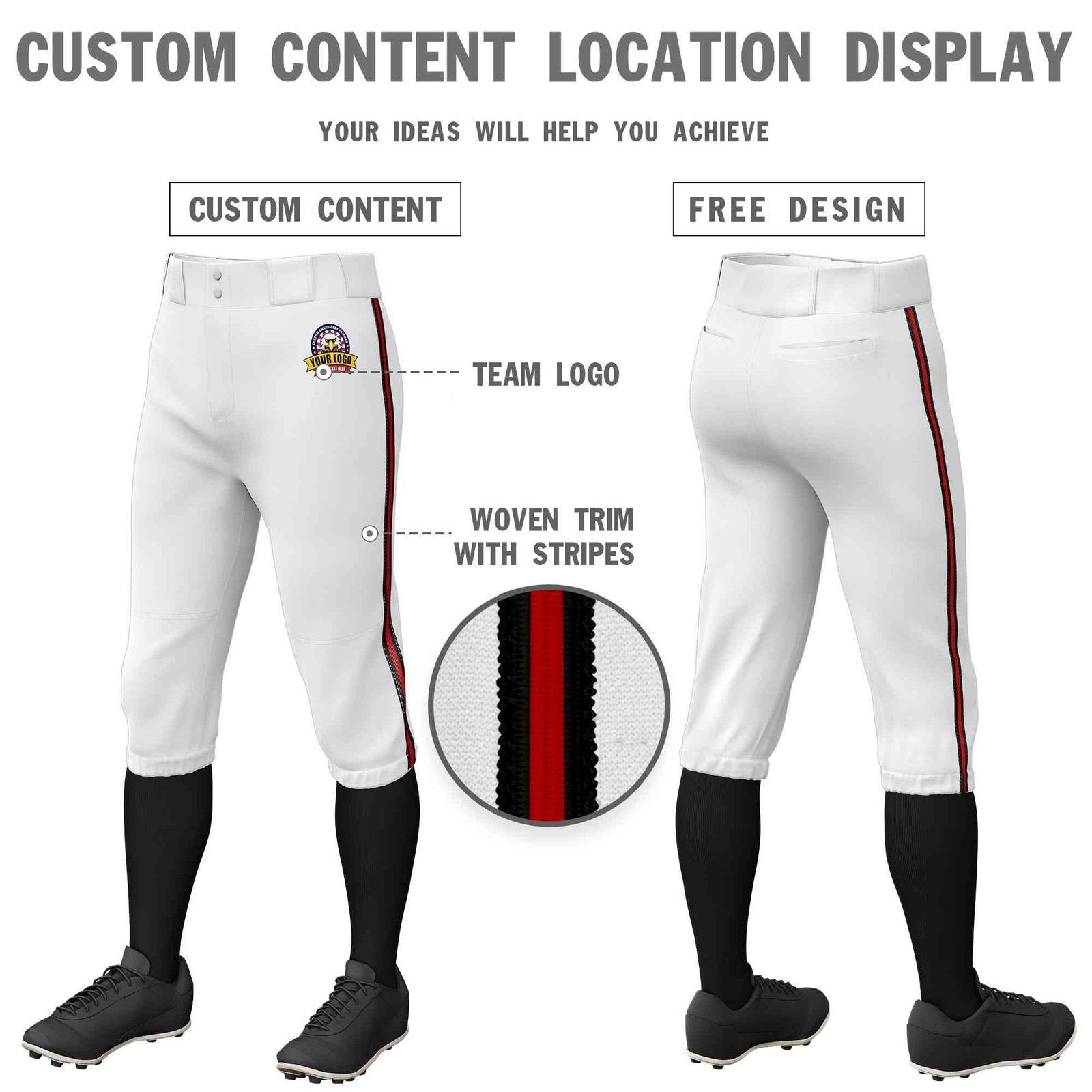 Custom White Black Red-Black Classic Fit Stretch Practice Knickers Baseball Pants