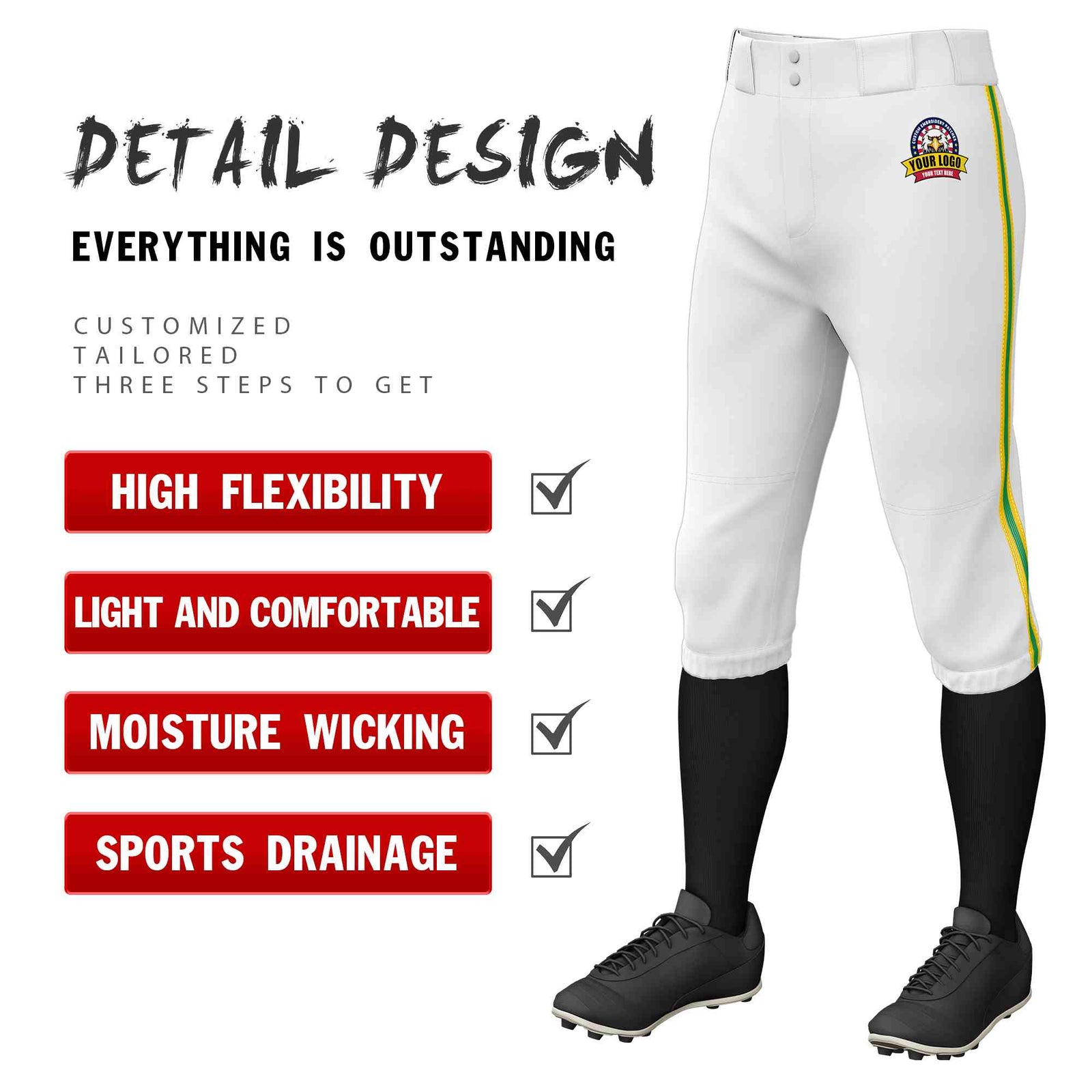 Custom White Gold Kelly Green-Gold Classic Fit Stretch Practice Knickers Baseball Pants