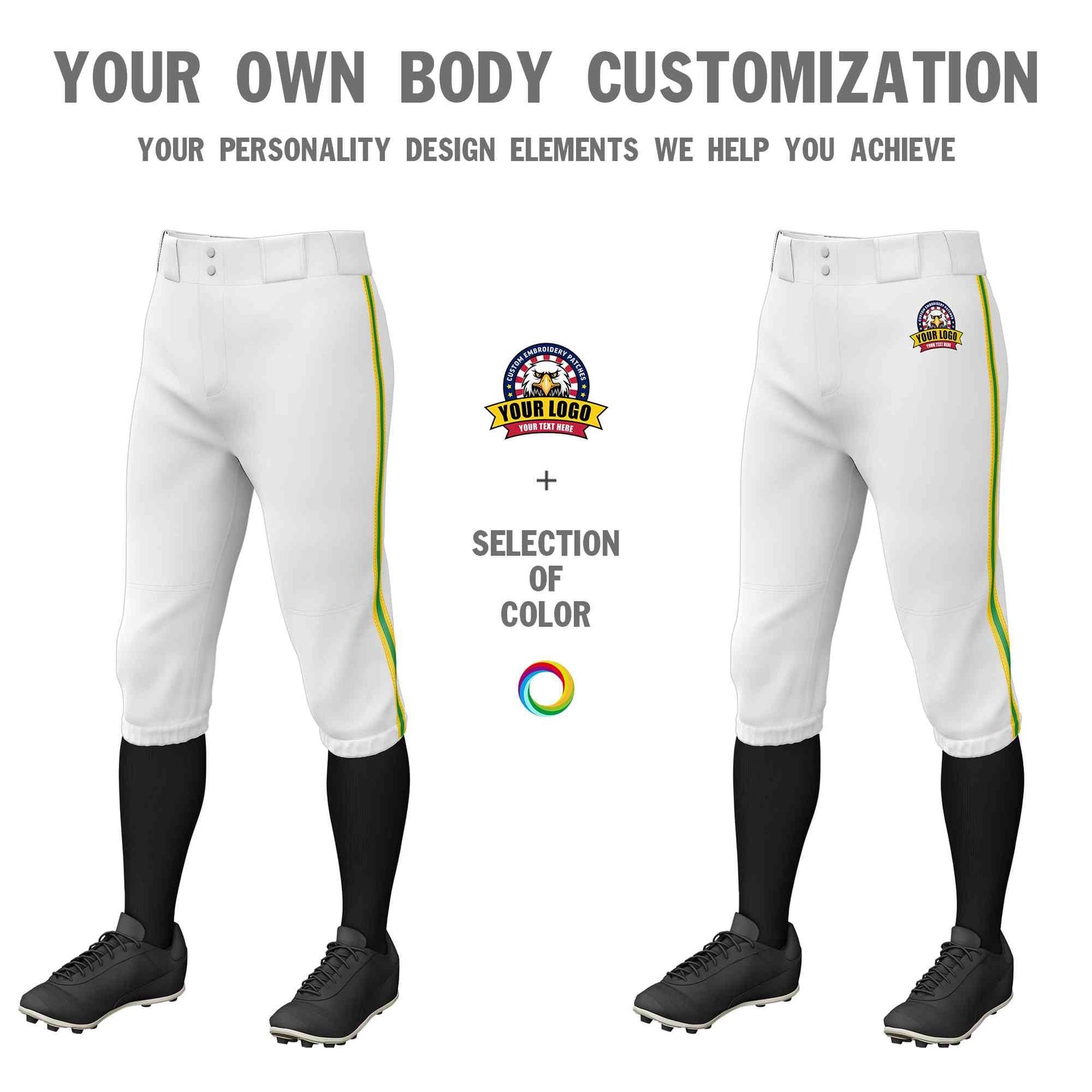 Custom White Gold Kelly Green-Gold Classic Fit Stretch Practice Knickers Baseball Pants
