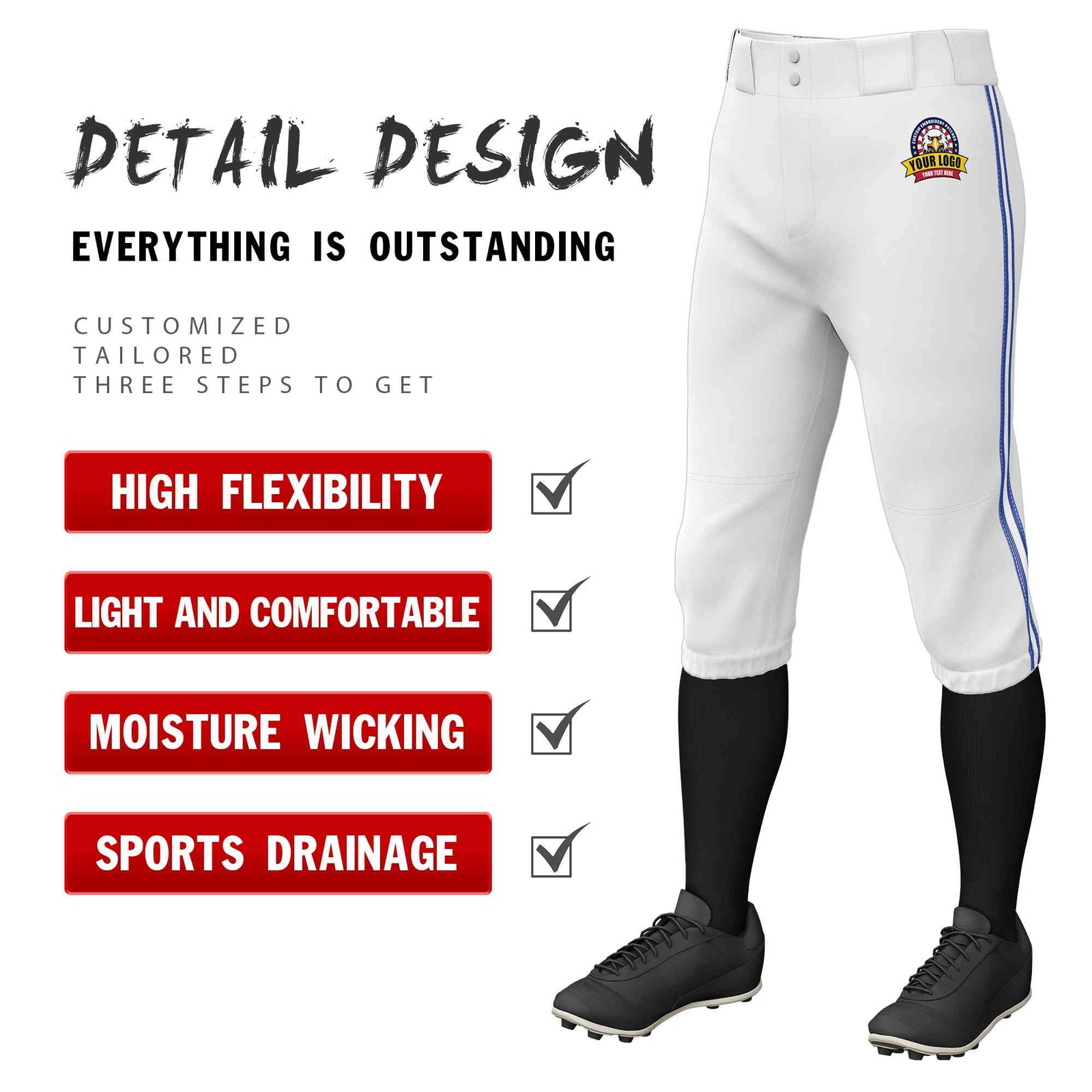 Custom White Royal White-Royal Classic Fit Stretch Practice Knickers Baseball Pants
