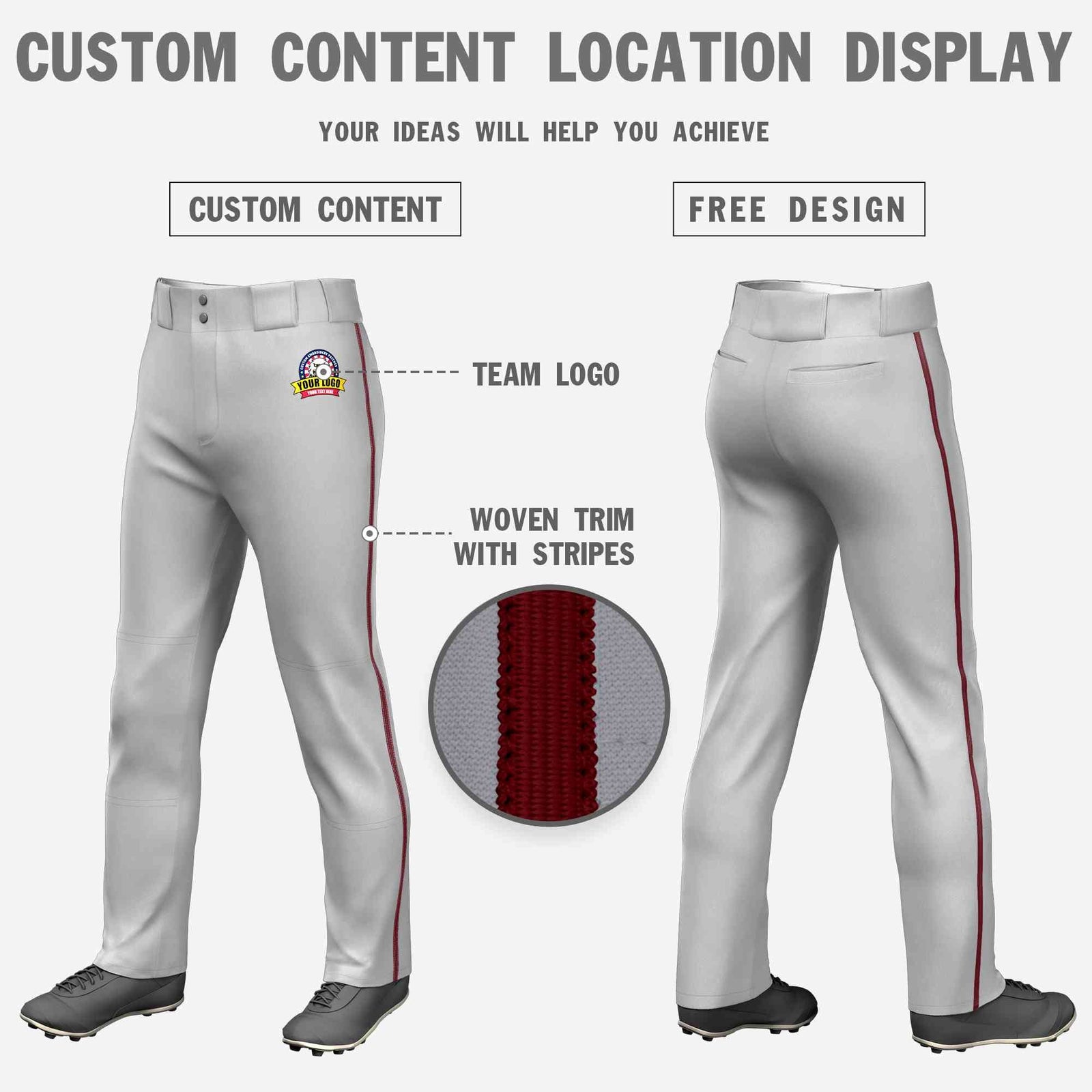 Custom Gray Crimson Classic Fit Stretch Practice Loose-fit Baseball Pants