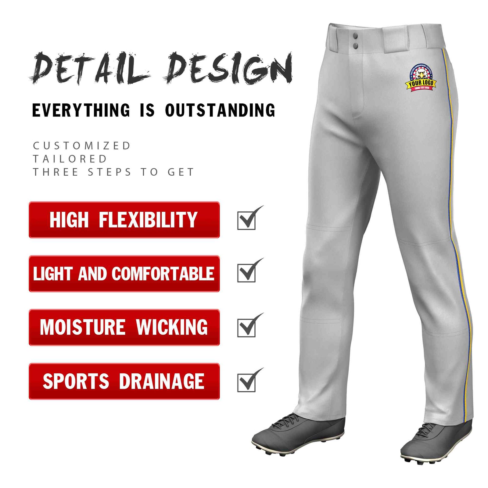 Custom Gray Royal-Gold Classic Fit Stretch Practice Loose-fit Baseball Pants