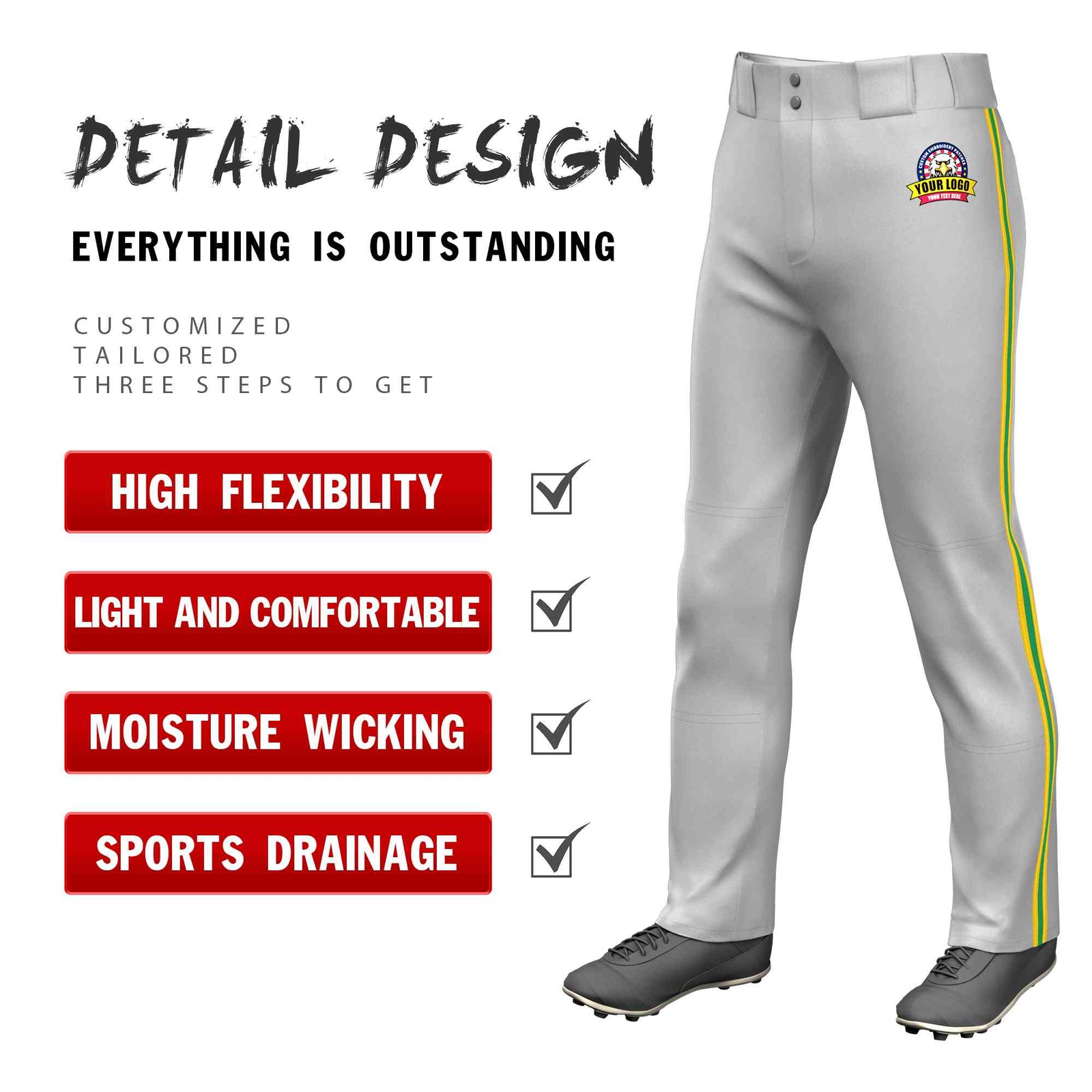 Custom Gray Gold Kelly Green-Gold Classic Fit Stretch Practice Loose-fit Baseball Pants