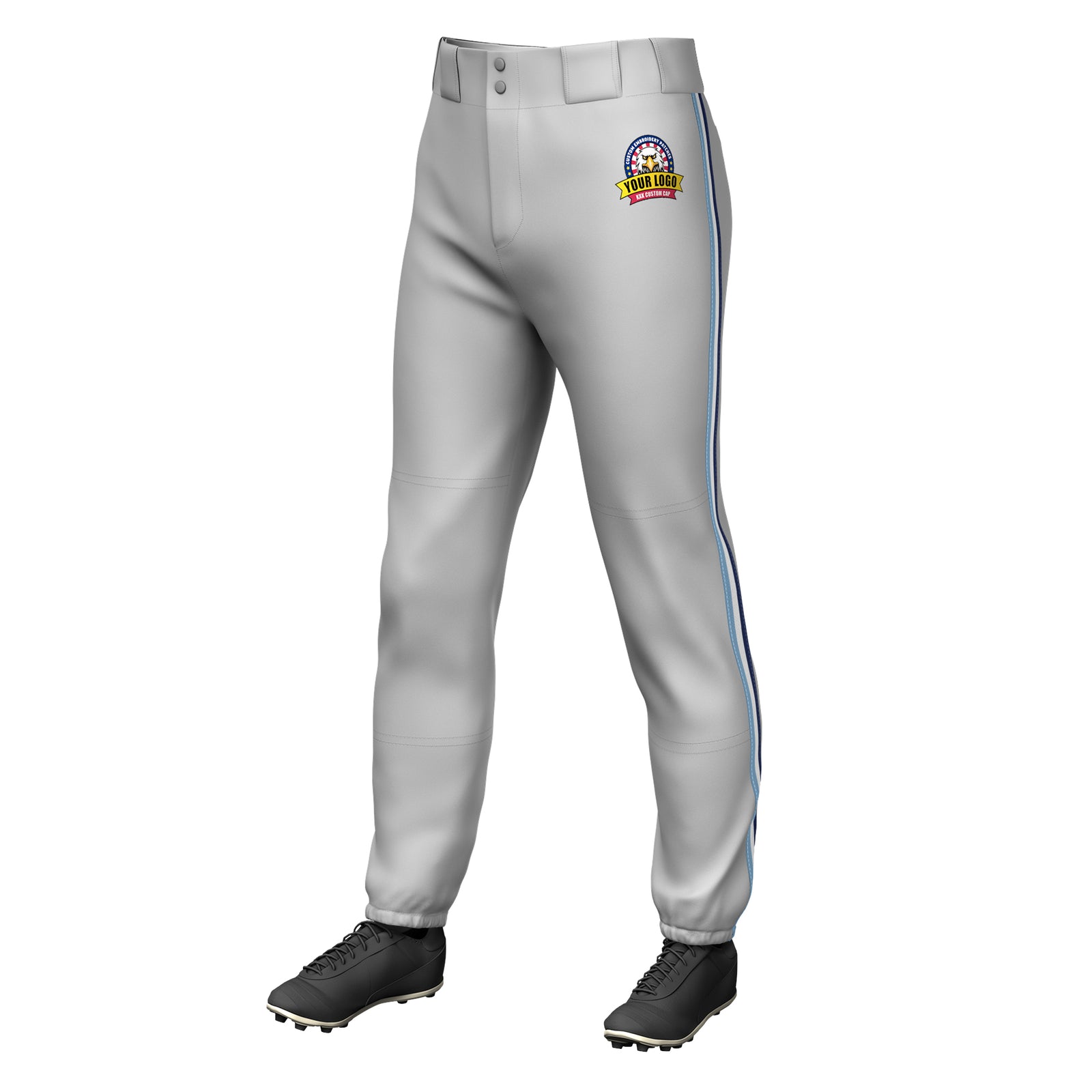 Custom Gray Light Blue White-Navy Classic Fit Stretch Practice Pull-up Baseball Pants