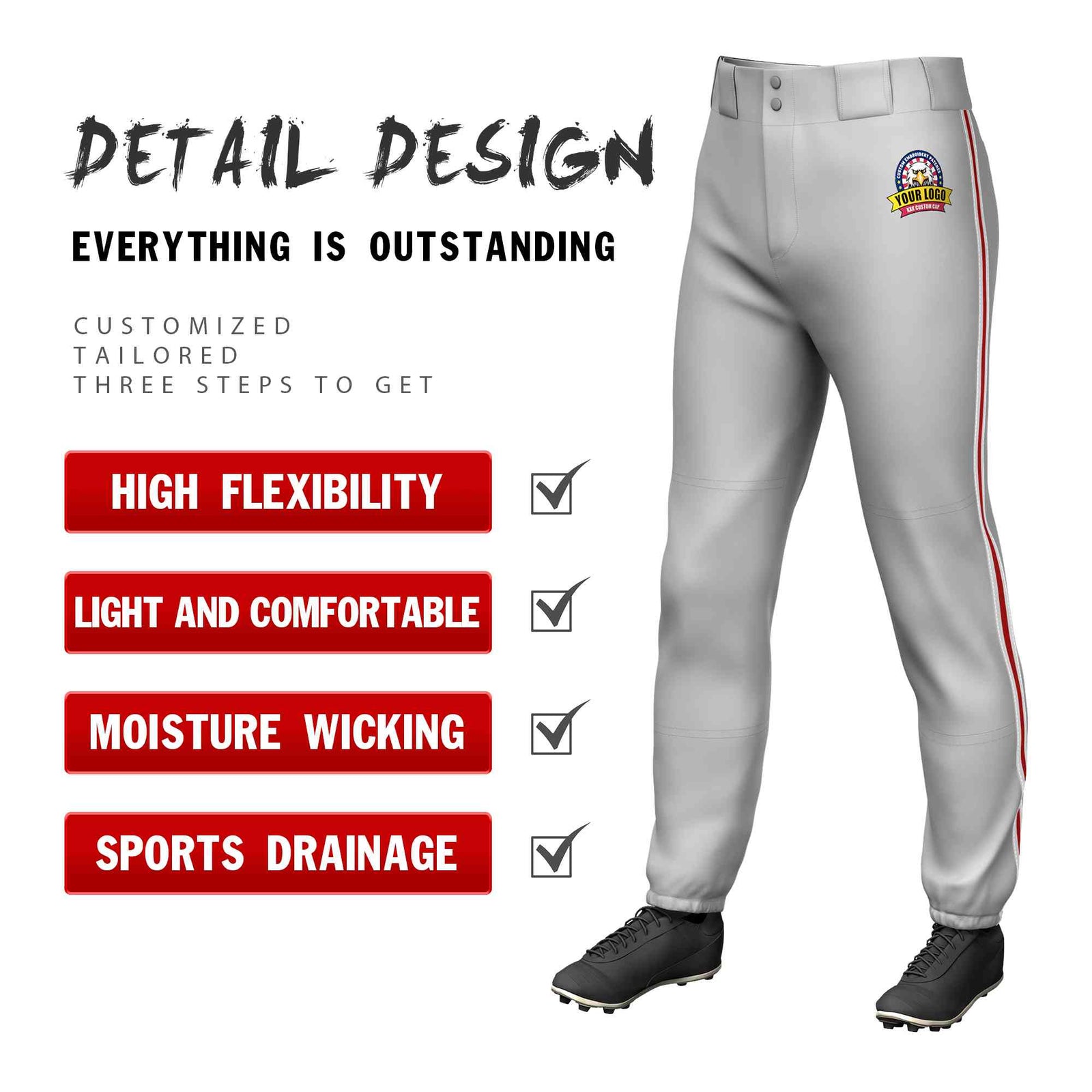 Custom Gray White Red-White Classic Fit Stretch Practice Pull-up Baseball Pants