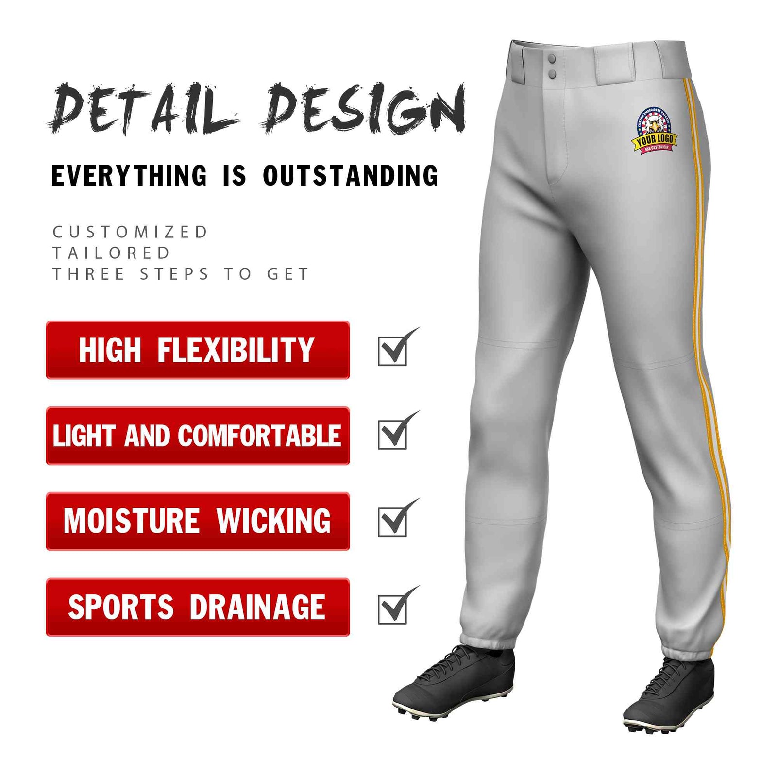 Custom Gray Yellow White-Yellow Classic Fit Stretch Practice Pull-up Baseball Pants