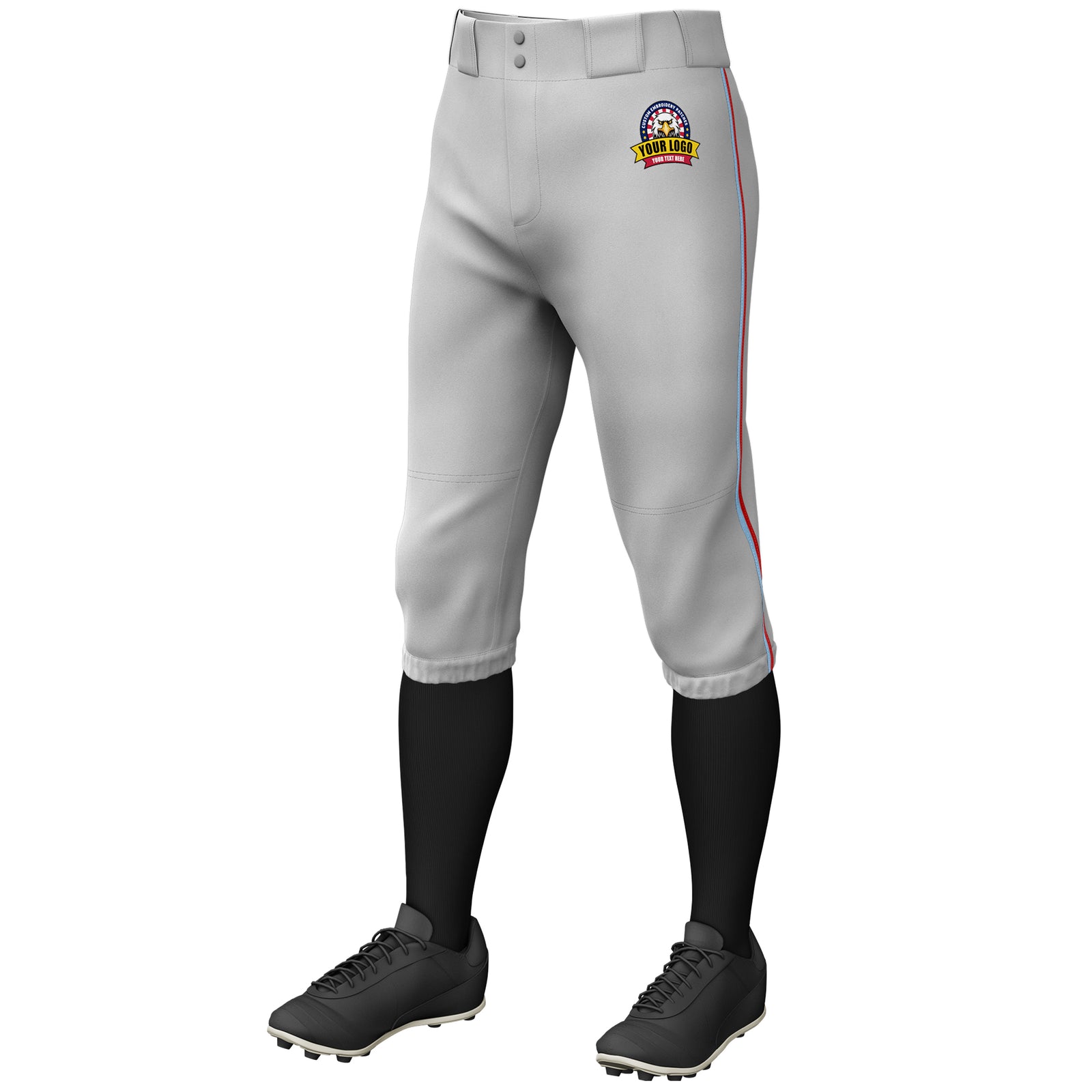 Custom Gray Light Blue-Red Classic Fit Stretch Practice Knickers Baseball Pants