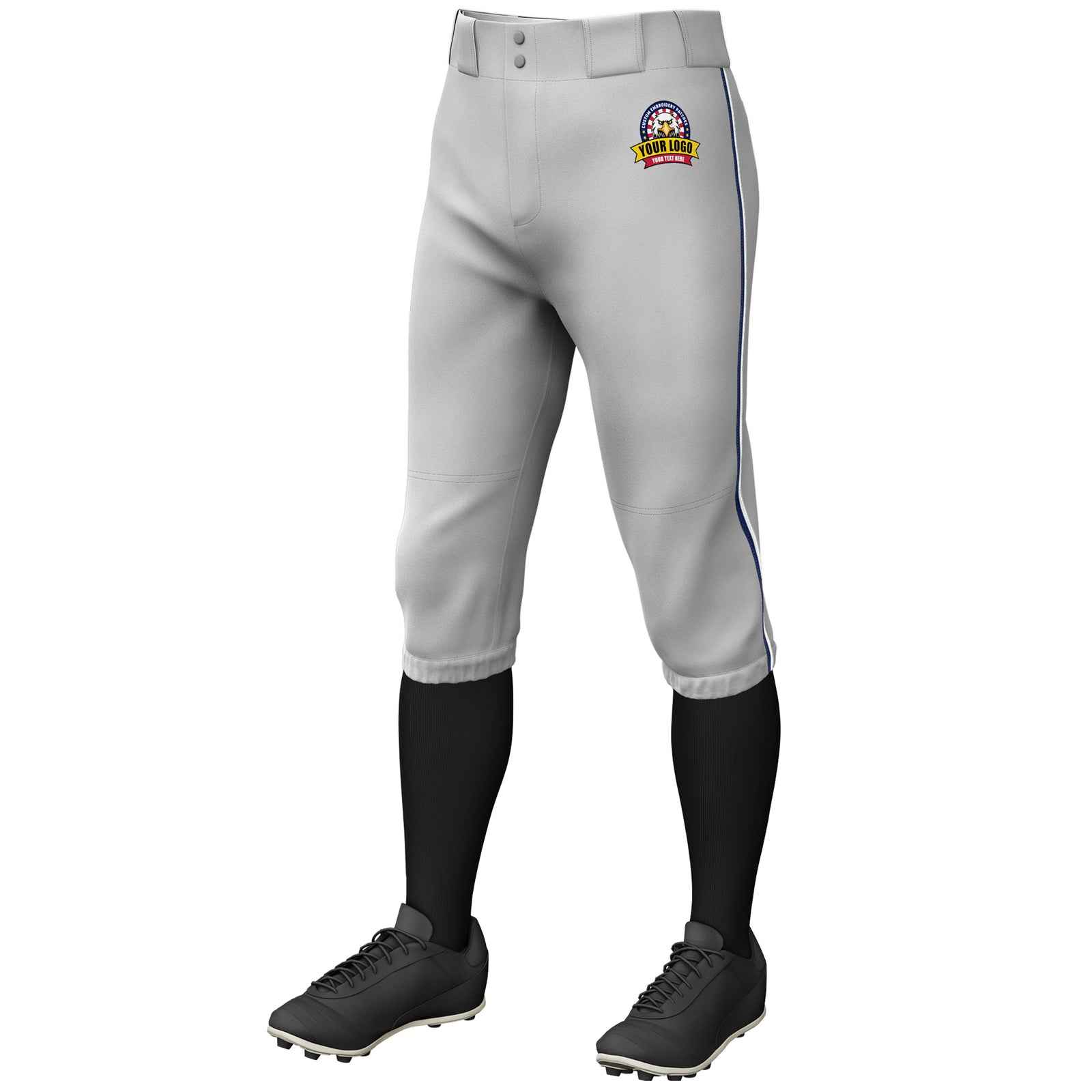 Custom Gray Navy-White Classic Fit Stretch Practice Knickers Baseball Pants