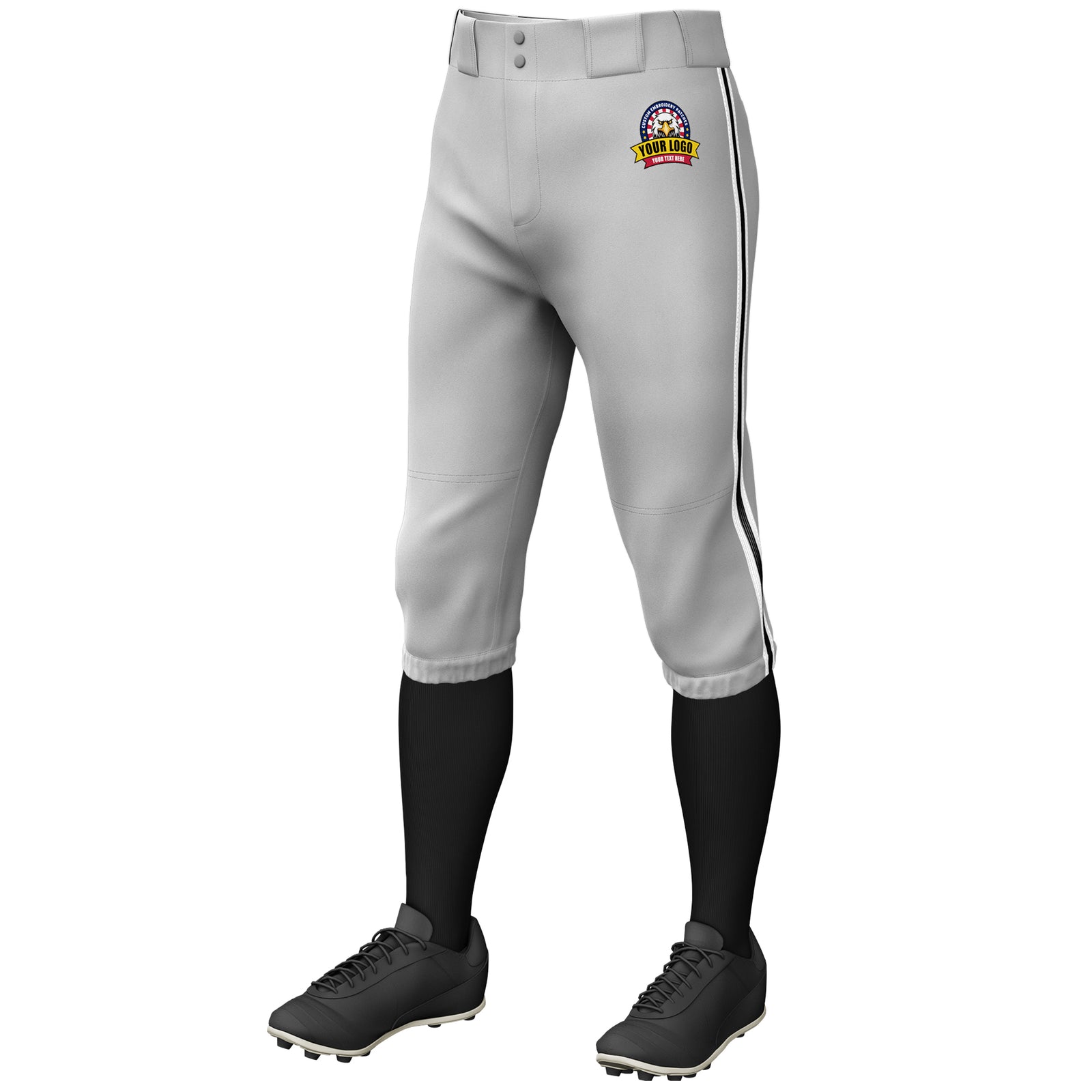 Custom Gray White Black-White Classic Fit Stretch Practice Knickers Baseball Pants
