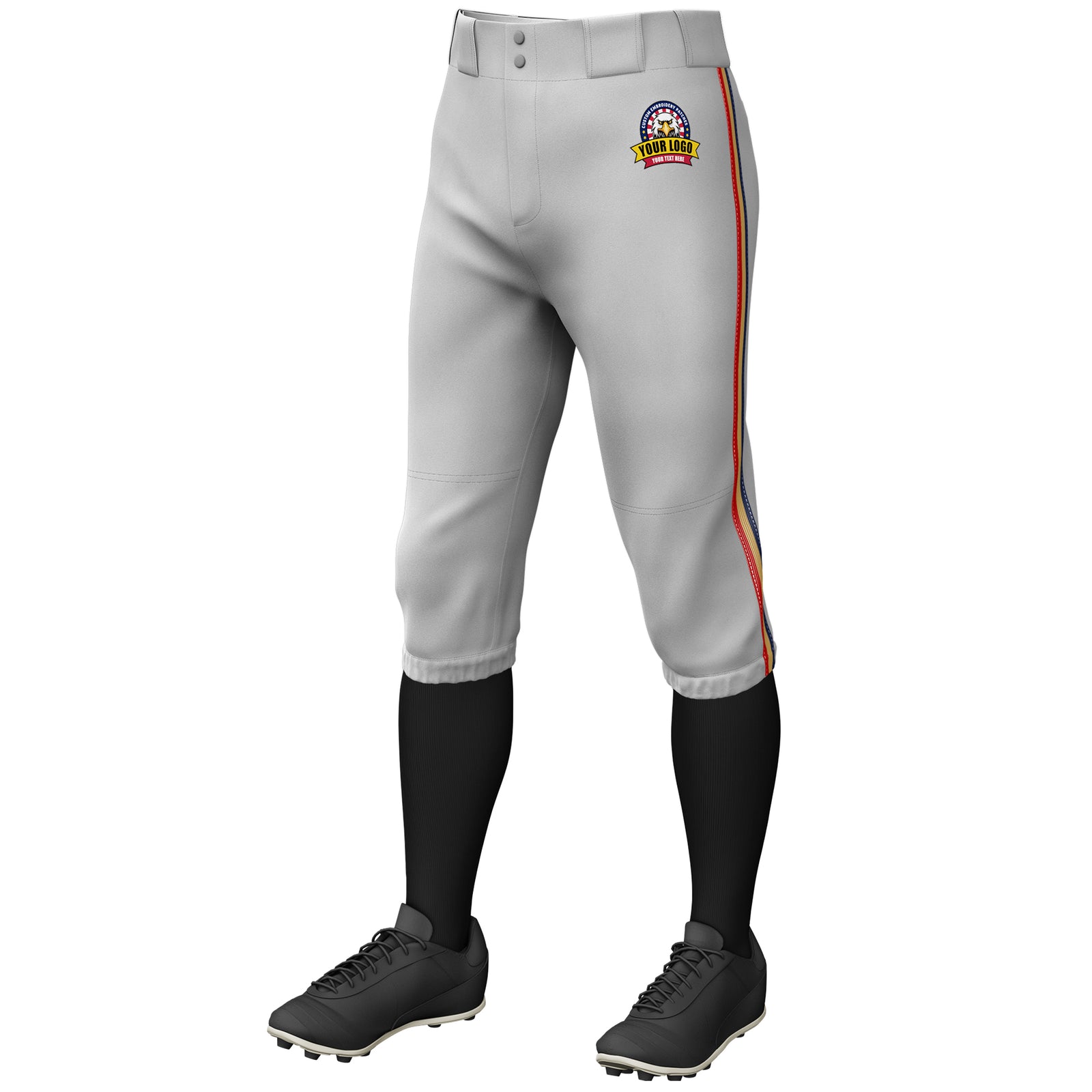 Custom Gray Navy Old Gold-Red Classic Fit Stretch Practice Knickers Baseball Pants
