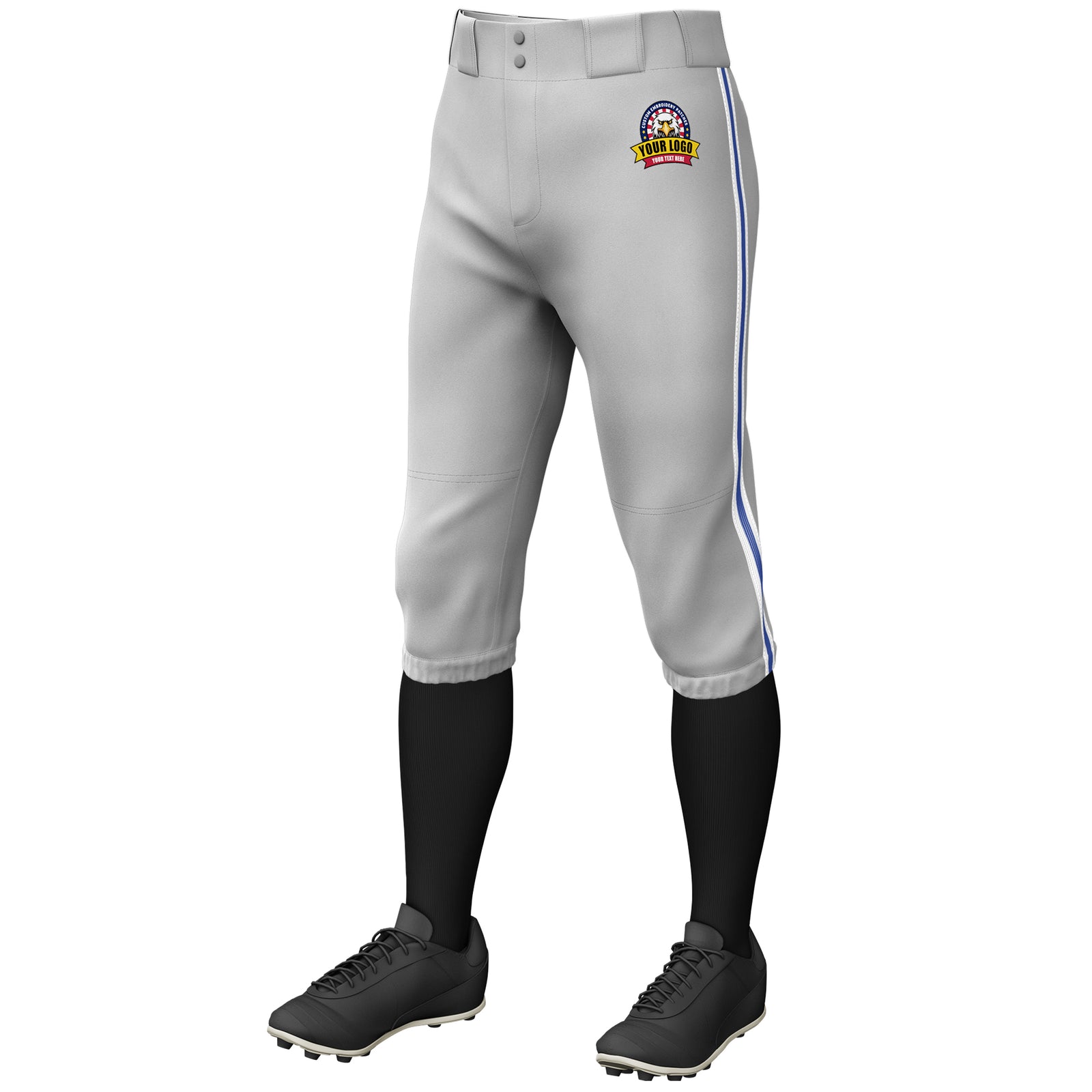 Custom Gray White Royal-White Classic Fit Stretch Practice Knickers Baseball Pants