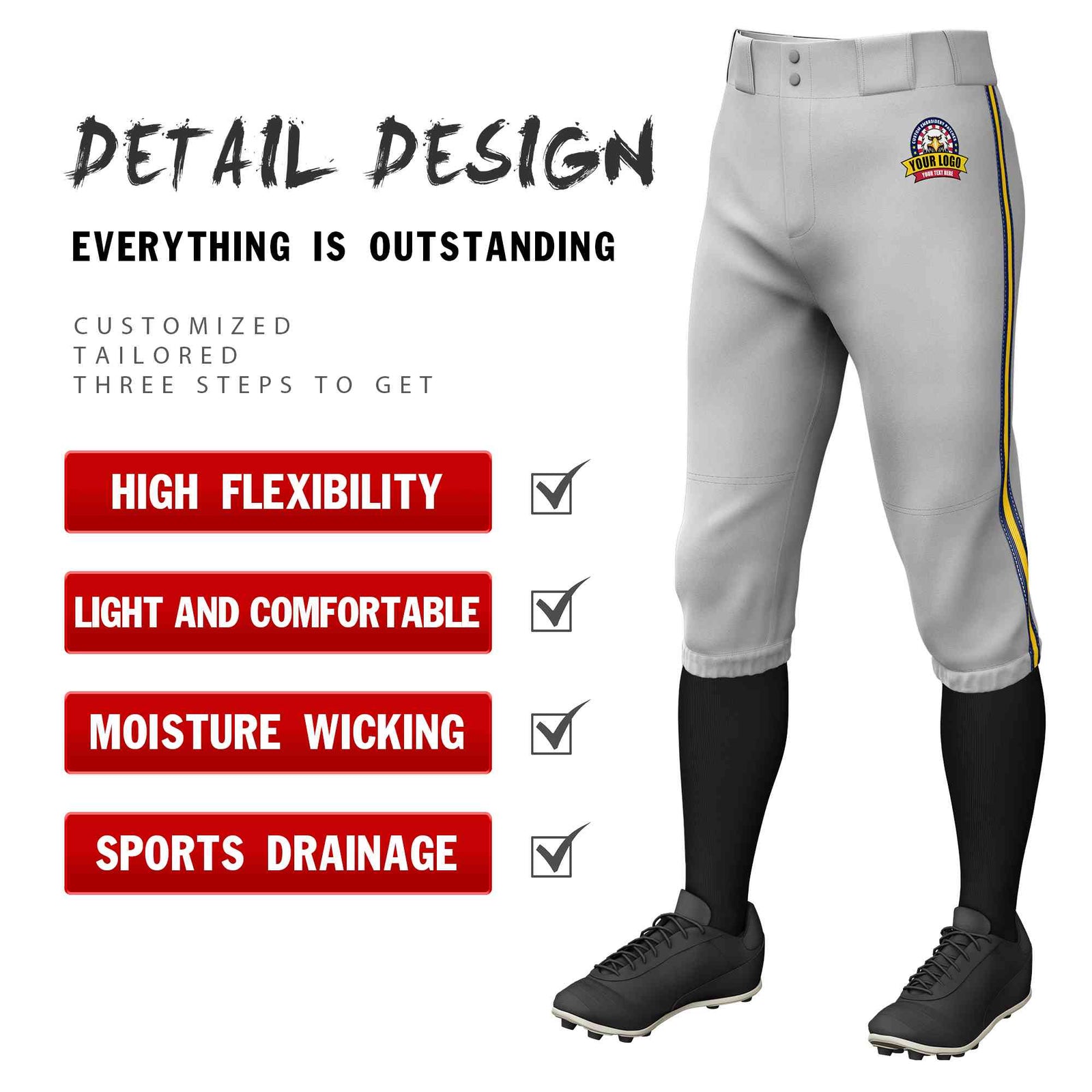 Custom Gray Navy Gold-Navy Classic Fit Stretch Practice Knickers Baseball Pants
