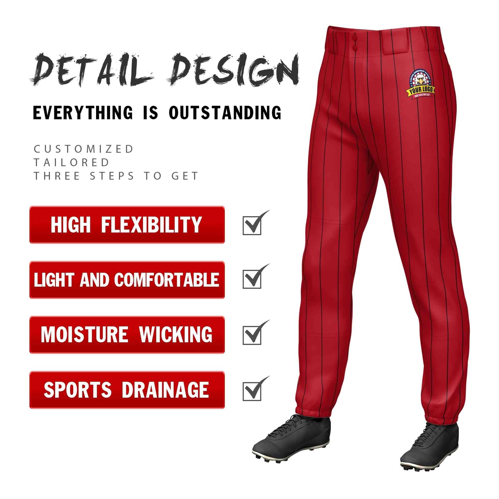Custom Red Black Pinstripe Fit Stretch Practice Pull-up Baseball Pants