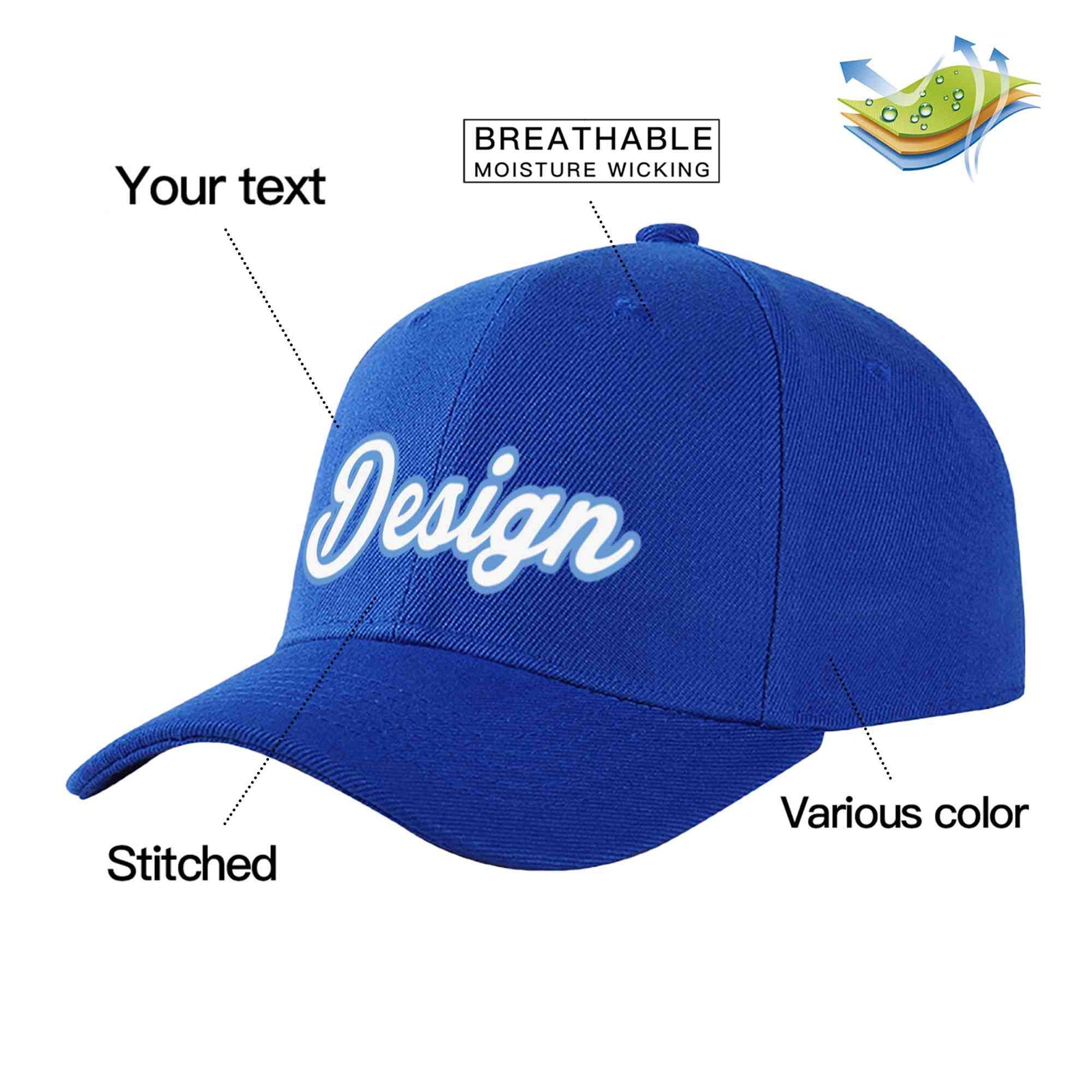 Custom Royal White-Light Blue 3D Puff Embroidery Flat Embroidery Curved Eaves Sport Design Baseball Cap