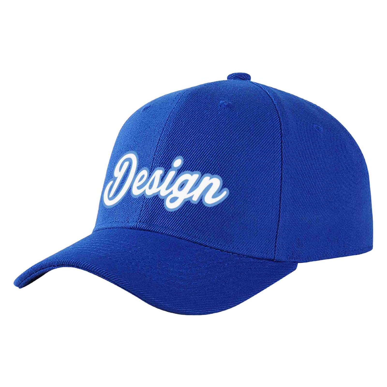 Custom Royal White-Light Blue 3D Puff Embroidery Flat Embroidery Curved Eaves Sport Design Baseball Cap