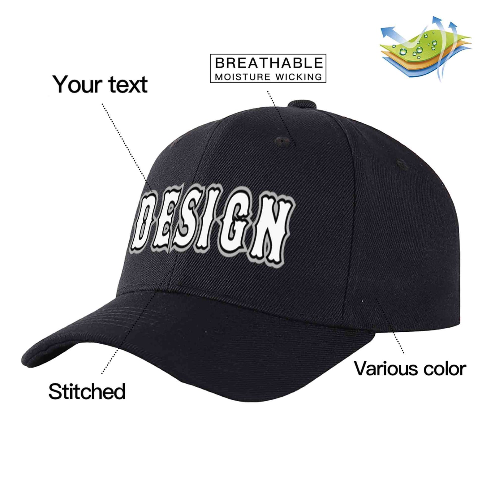 Custom Black White-Black Print Curved Eaves Sport Design Baseball Cap