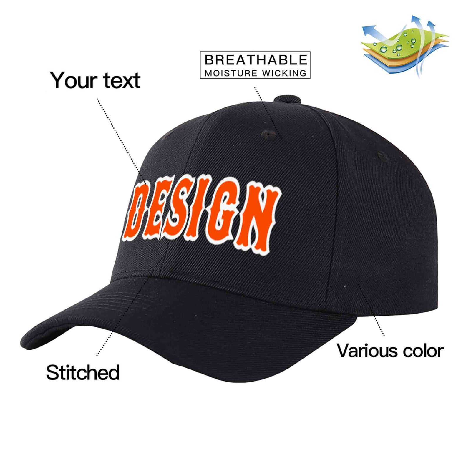 Custom Black Orange-White 3D Puff Embroidery Flat Embroidery Curved Eaves Sport Design Baseball Cap
