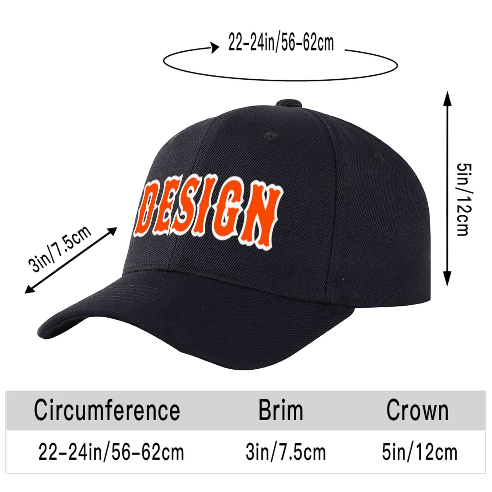Custom Black Orange-White 3D Puff Embroidery Flat Embroidery Curved Eaves Sport Design Baseball Cap