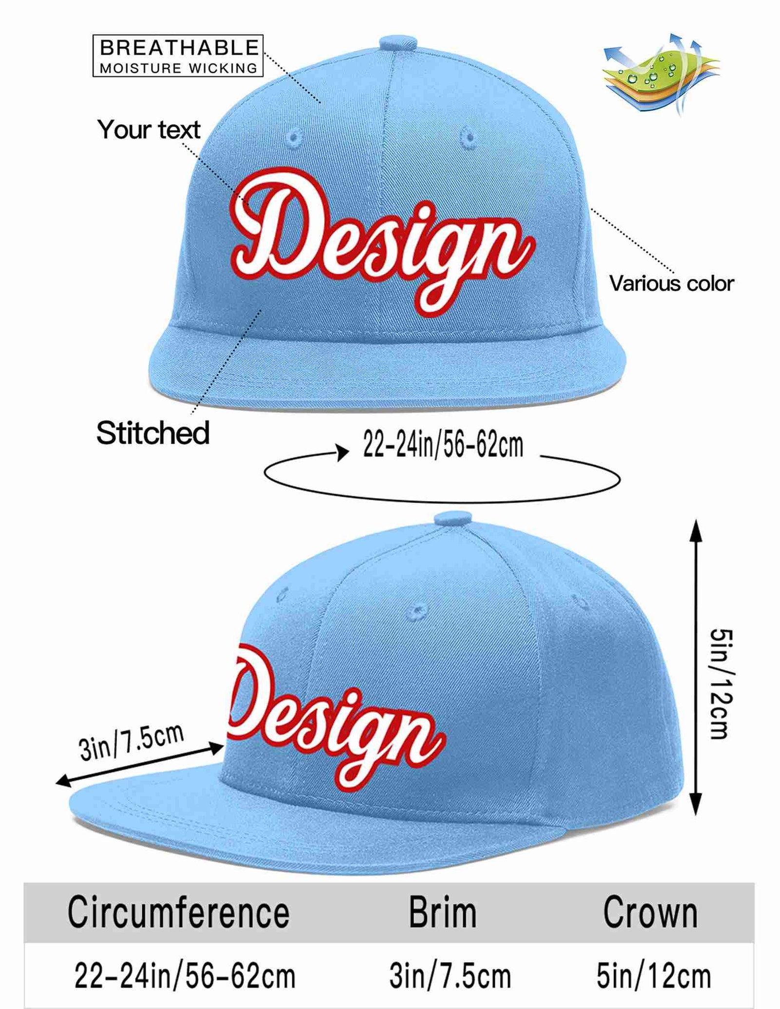Custom Light Blue White-Red 3D Puff Embroidery Flat Eaves Sport Baseball Cap Design for Men/Women/Youth