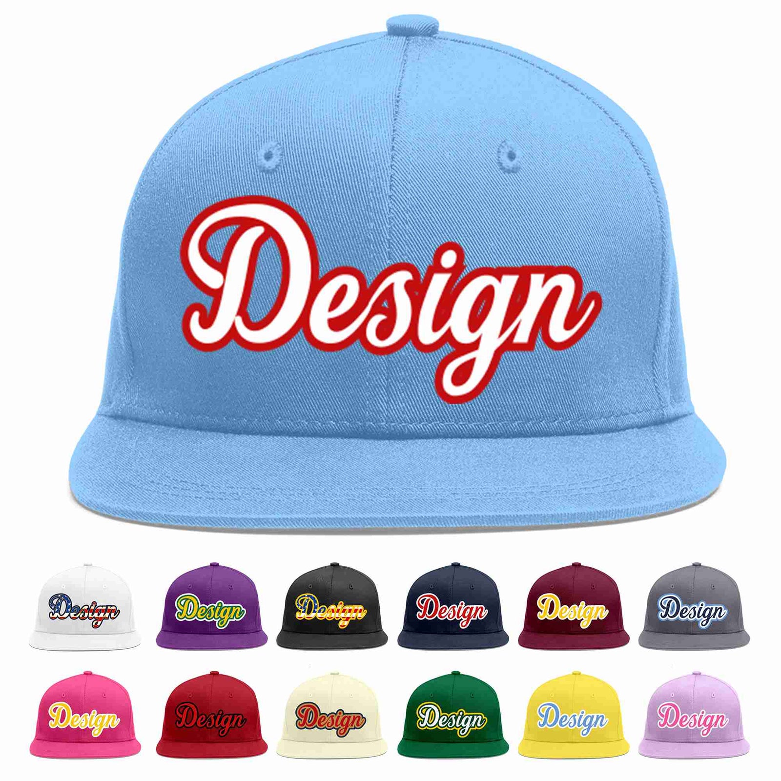 Custom Light Blue White-Red 3D Puff Embroidery Flat Eaves Sport Baseball Cap Design for Men/Women/Youth