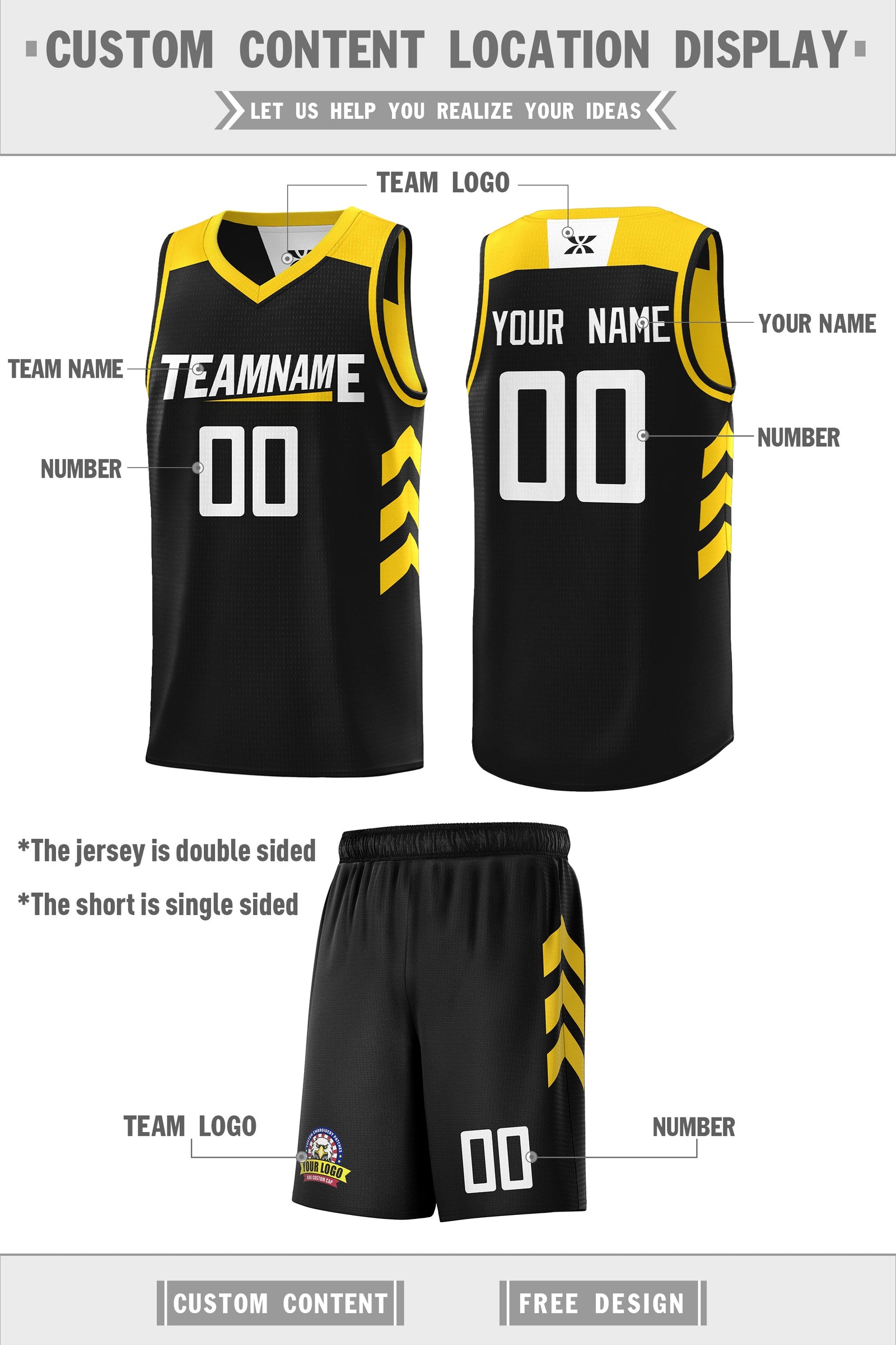 Custom Black Yellow Double Side Sets Personalized Basketball Jersey