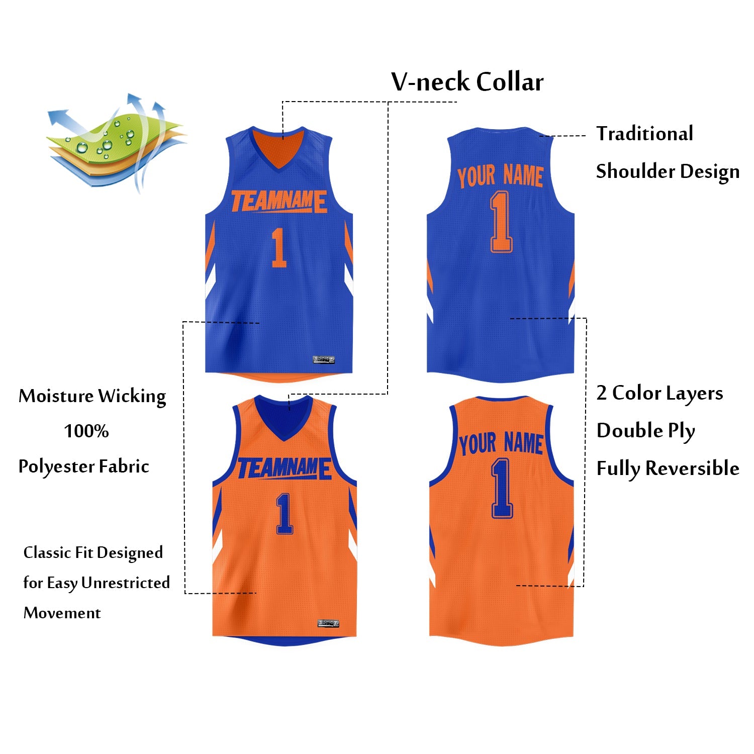 Custom Royal Orange Double Side Tops Athletic Basketball Jersey