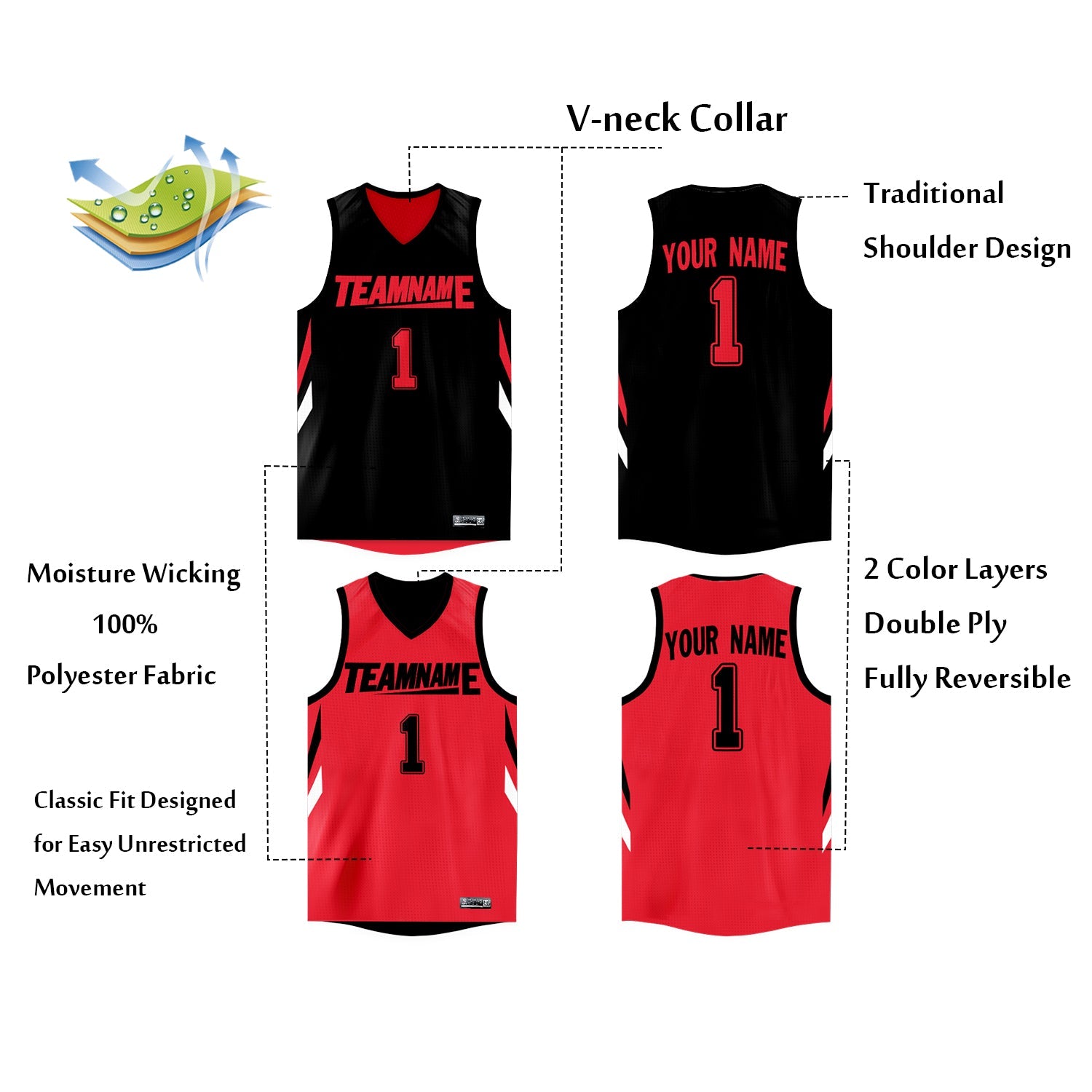Custom Black Red Double Side Tops Athletic Basketball Jersey