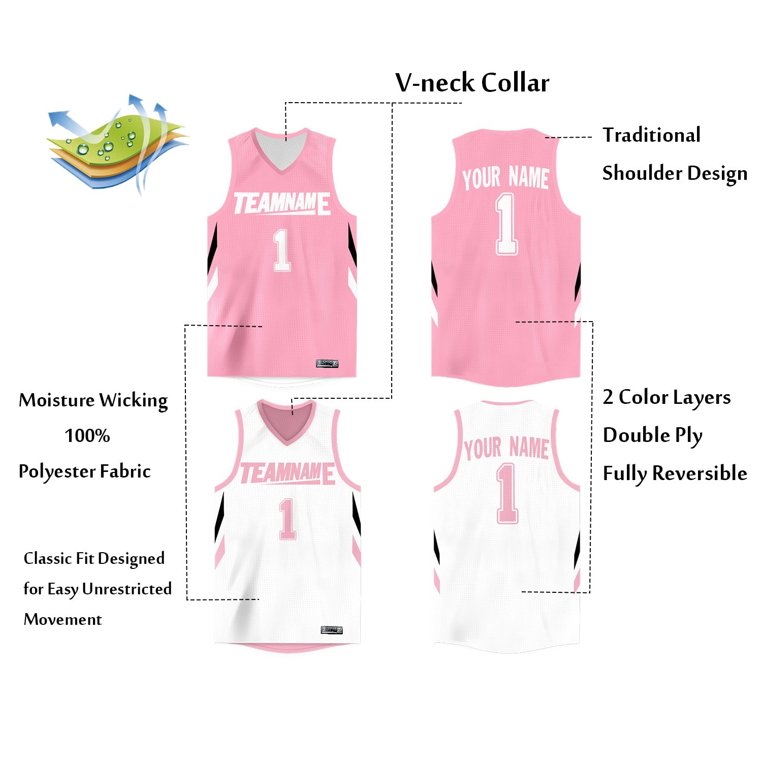 Custom Pink White Double Side Tops Athletic Basketball Jersey