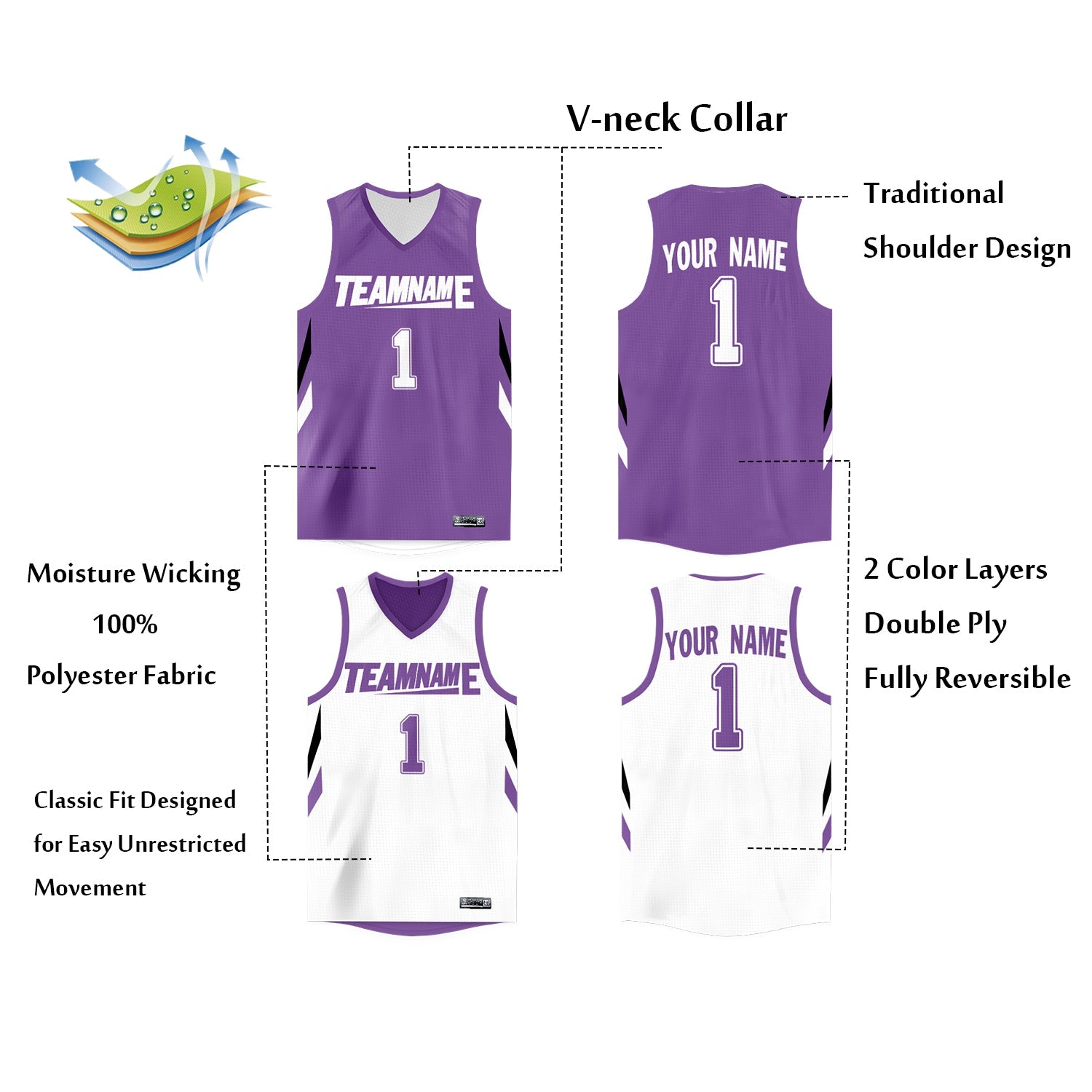 Custom Purple White Double Side Tops Athletic Basketball Jersey