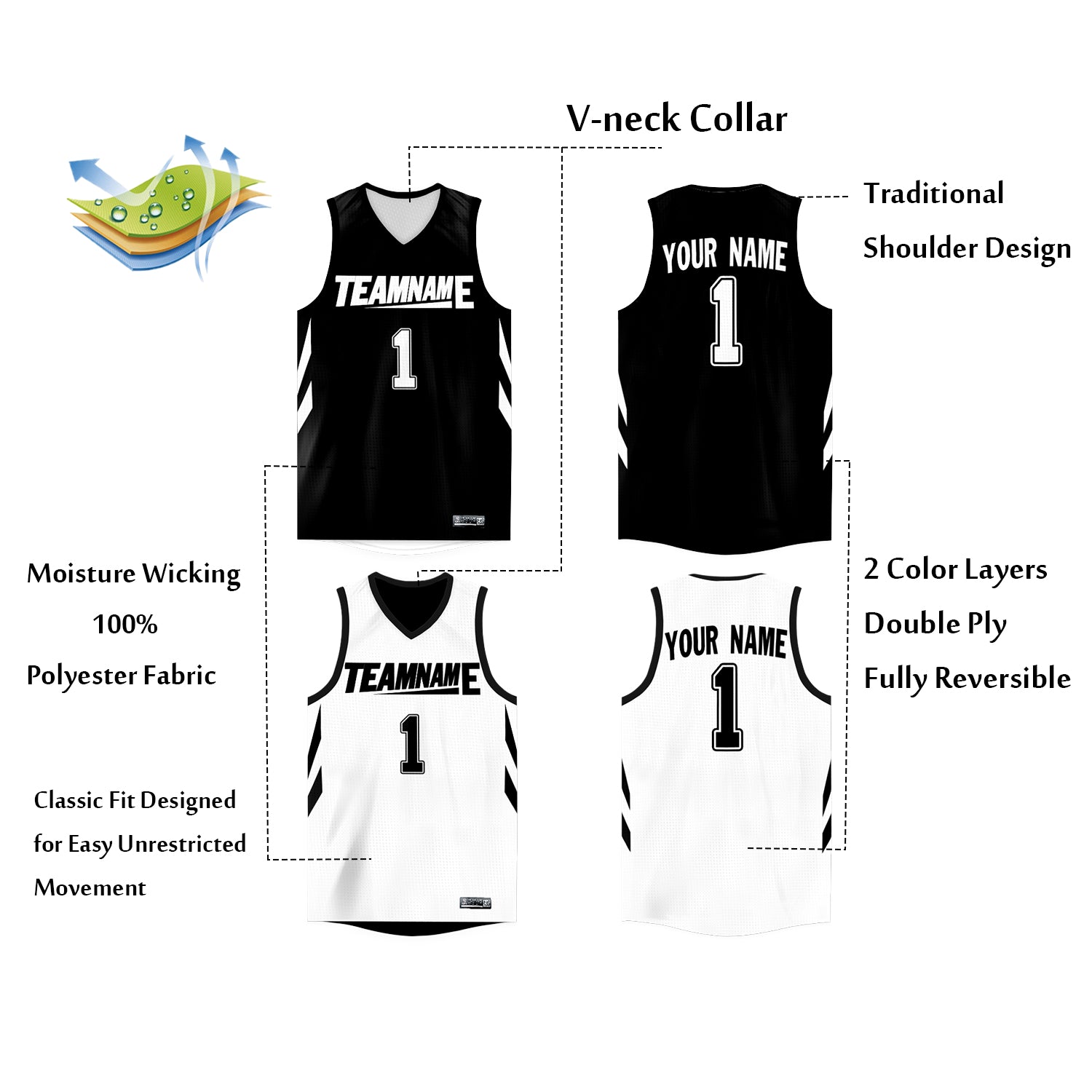 Custom Black White Double Side Tops Athletic Basketball Jersey