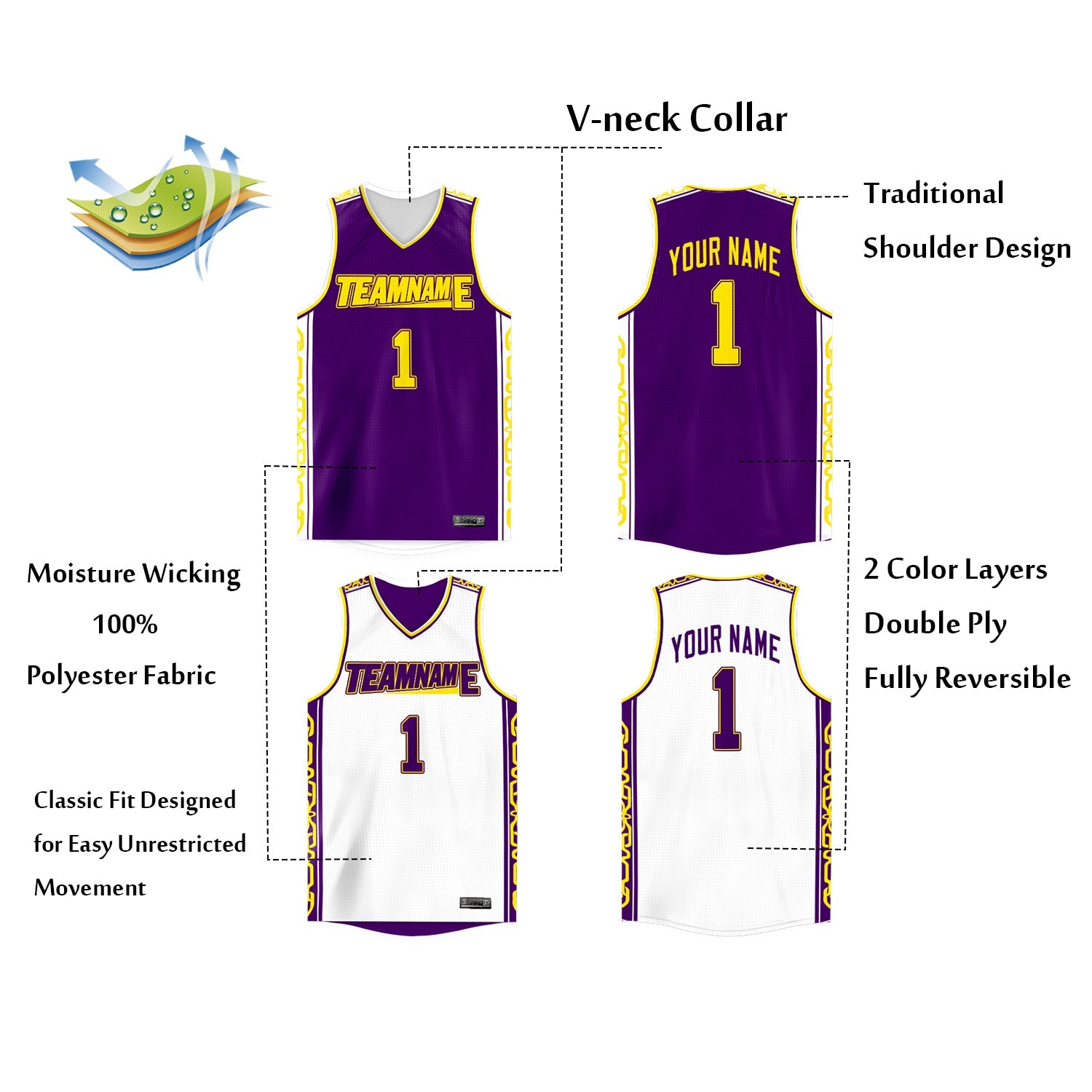 Custom Purple White Double Side Tops Athletic Basketball Jersey