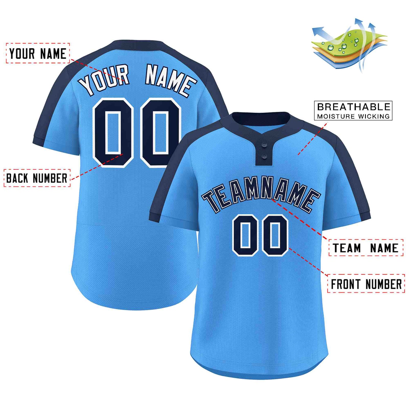Custom Powder Blue Navy-White Classic Style Authentic Two-Button Softball Jersey