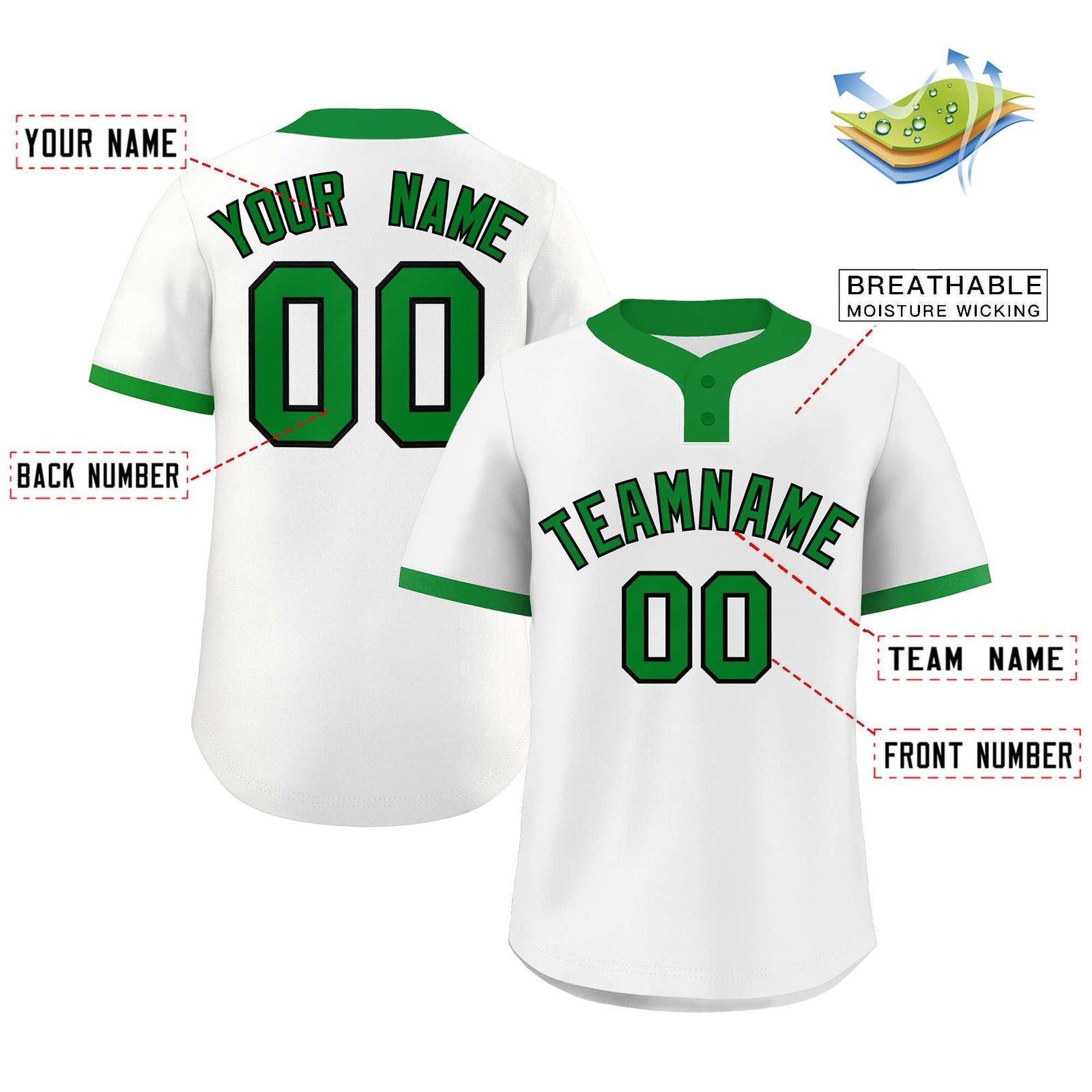 Custom White Kelly Green-Black Classic Style Authentic Two-Button Softball Jersey