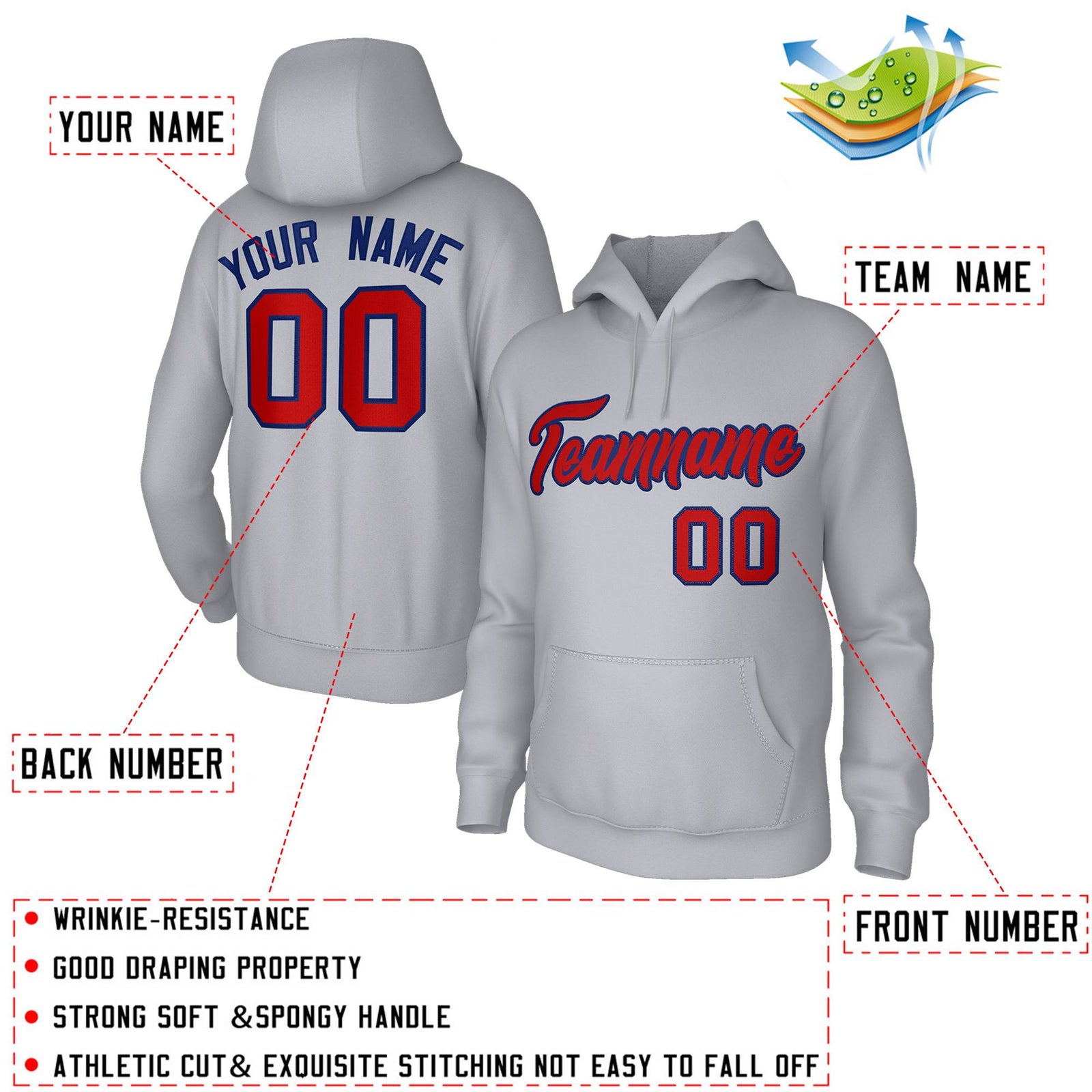 Custom Stitched Gray Red-Royal Classic Style Sweatshirt Pullover Hoodie