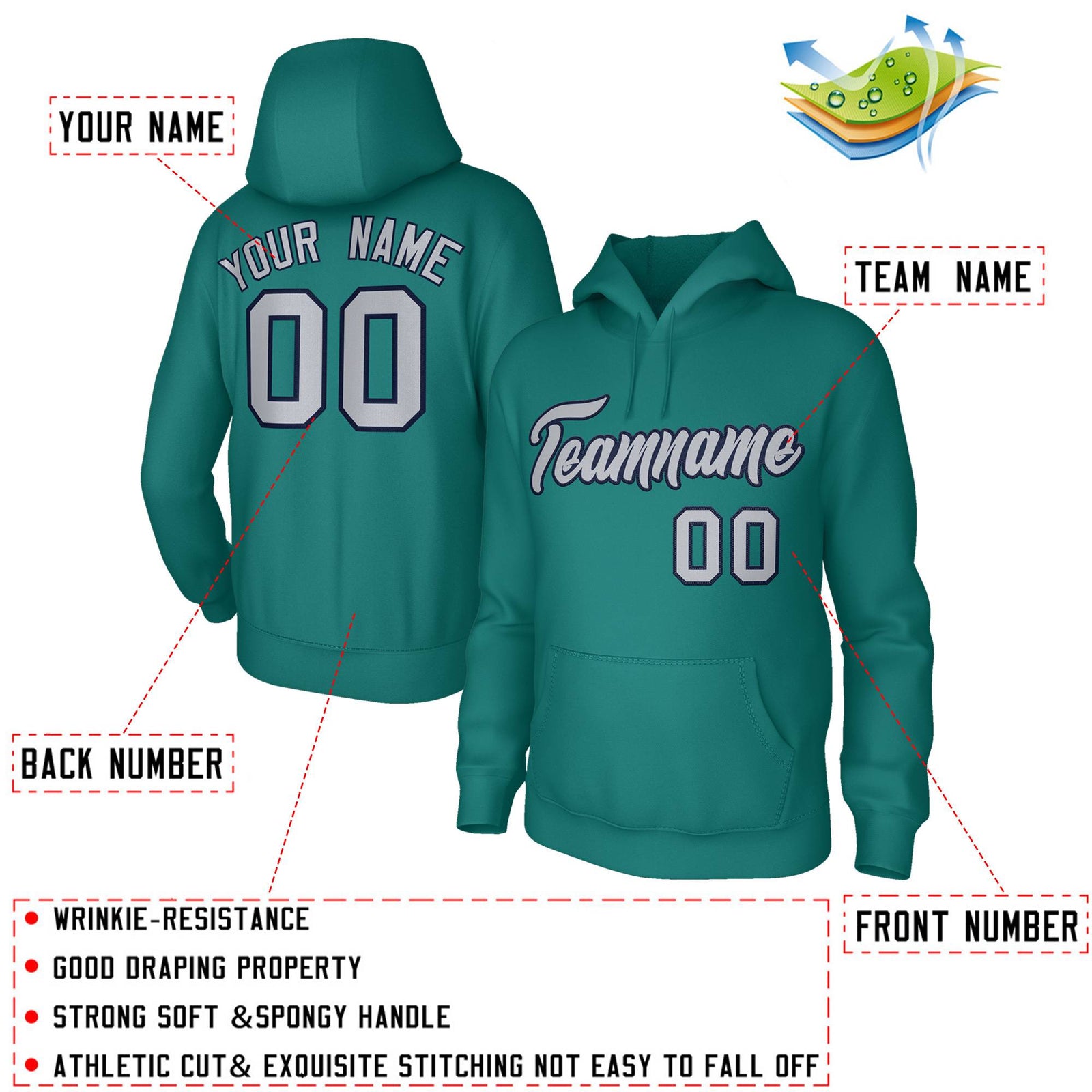 Custom Stitched Aqua Gray Navy Classic Style Sweatshirt Pullover Hoodie