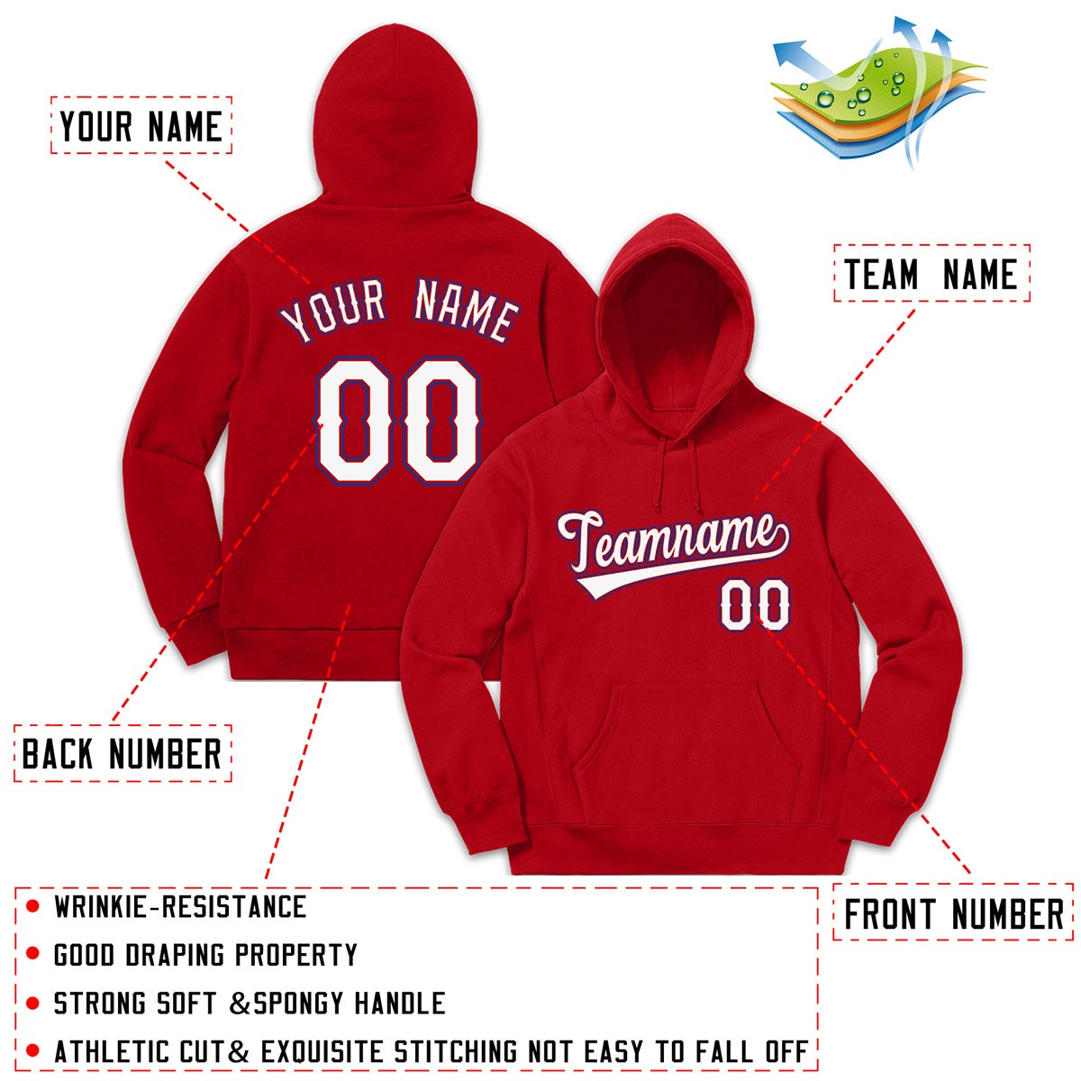 Custom Red Royal White Classic Style Pullover Fashion Hoodie Uniform