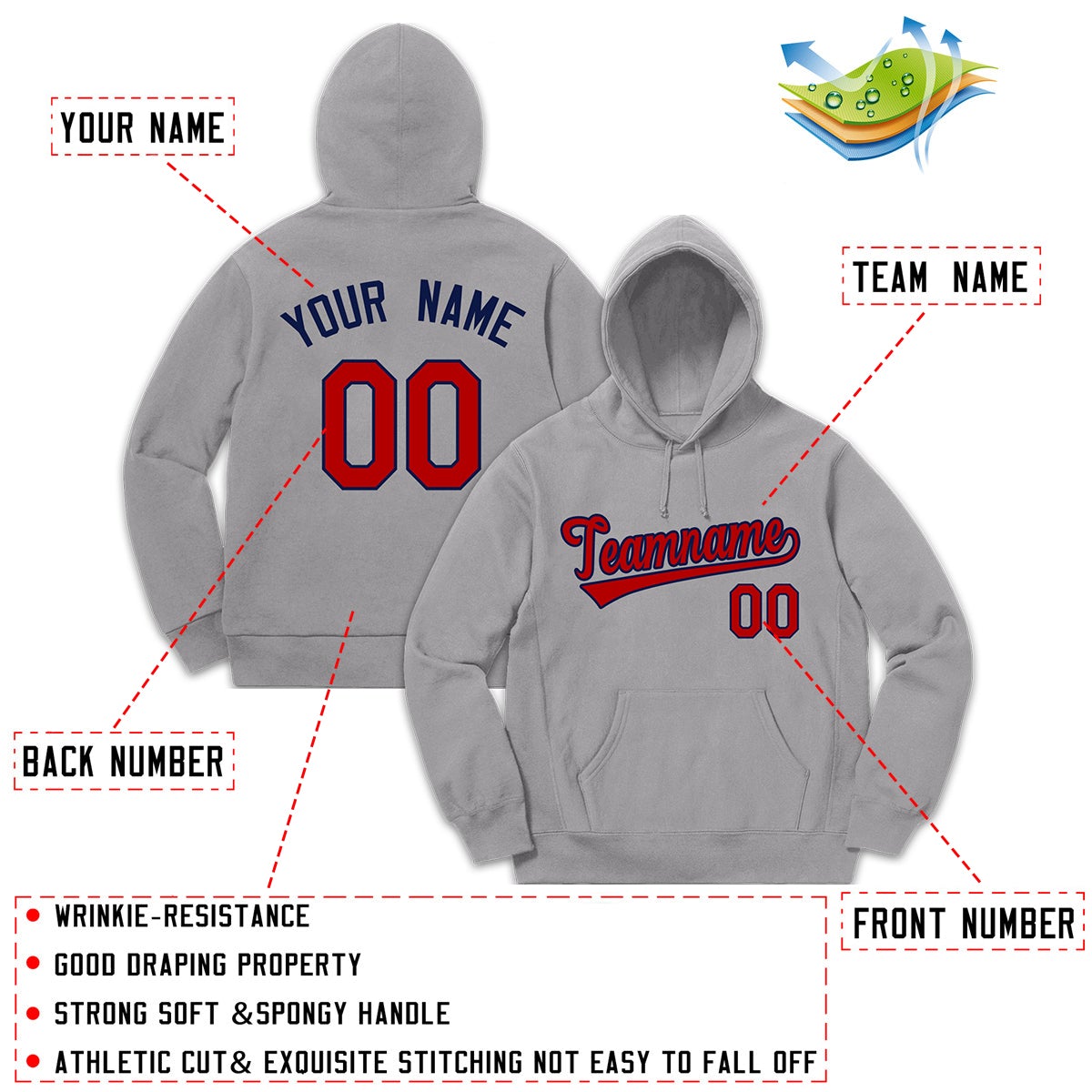 Custom Gray Red-Navy Sport Classic Style Sweatshirt Fashion Hoodie Uniform