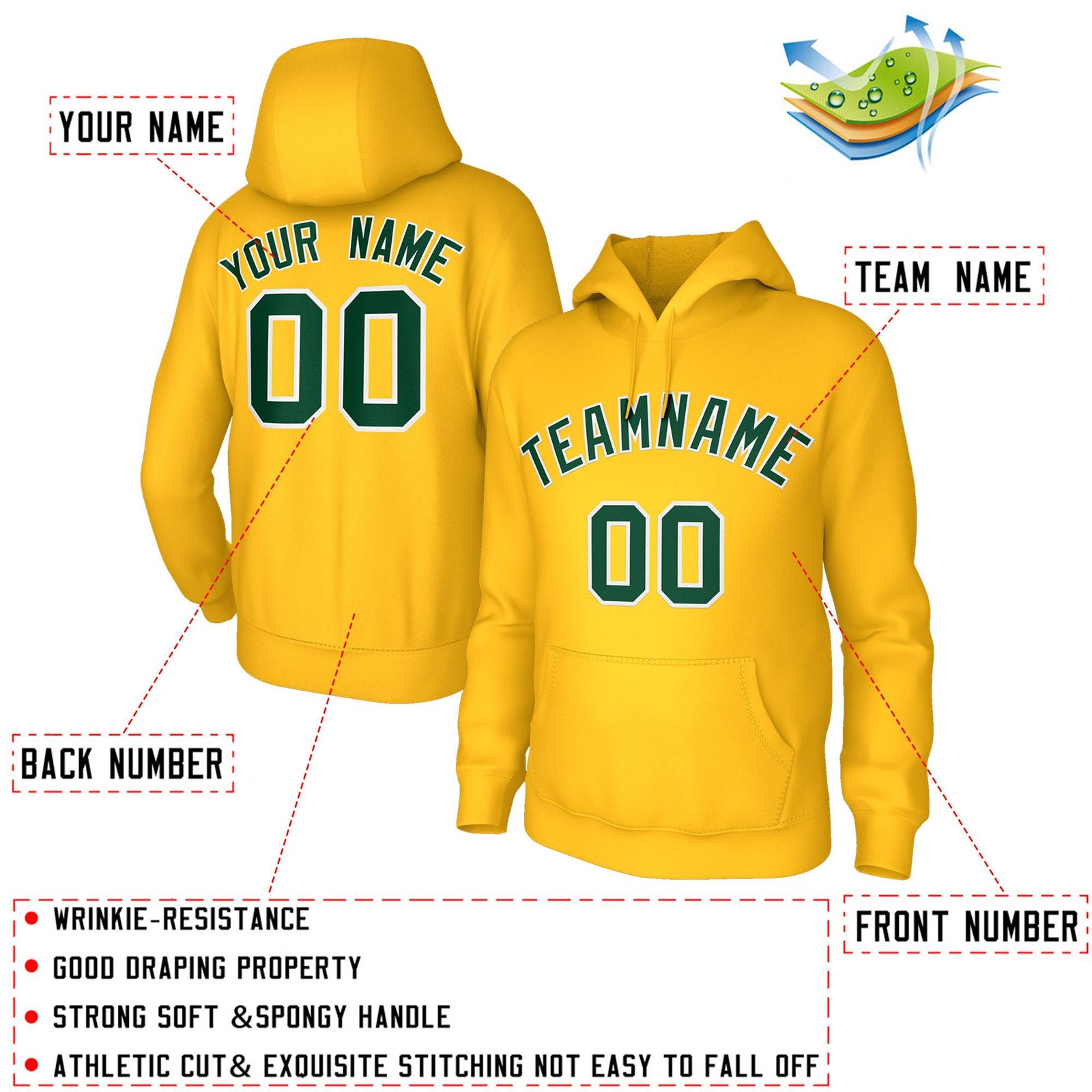 Custom Stitched Gold Green-White Classic Style Sweatshirt Pullover Hoodie