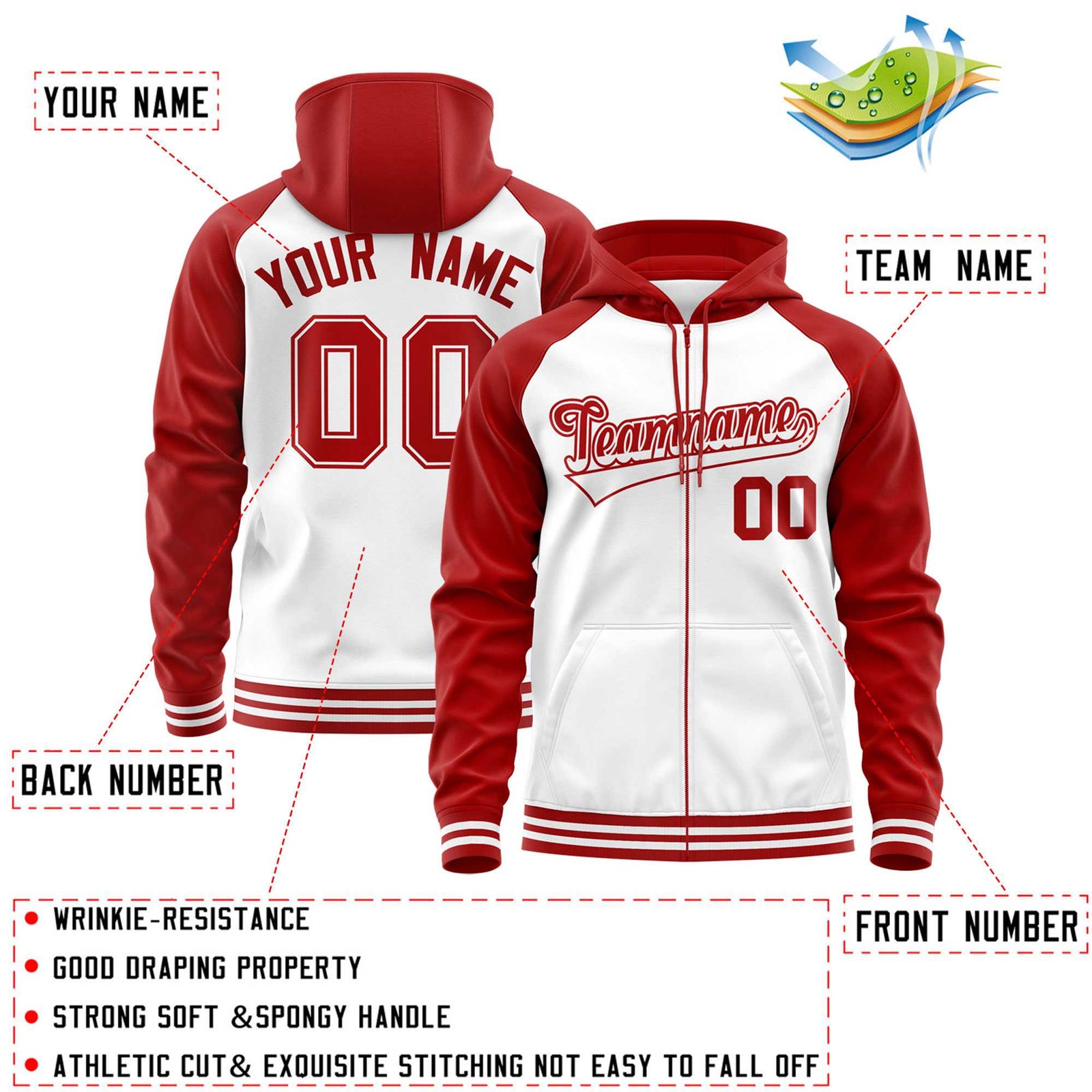 Custom Stitched White Red Raglan Sleeves Sports Full-Zip Sweatshirt Hoodie