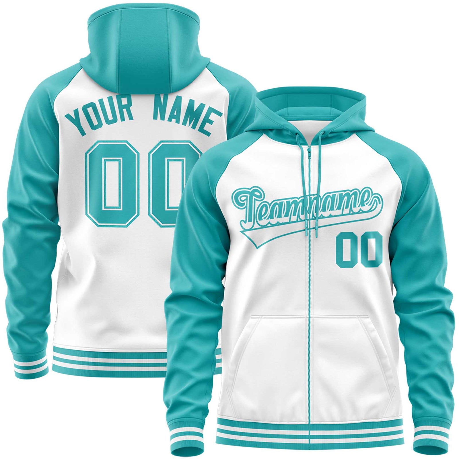 Custom Stitched White Aqua Raglan Sleeves Sports Full-Zip Sweatshirt Hoodie